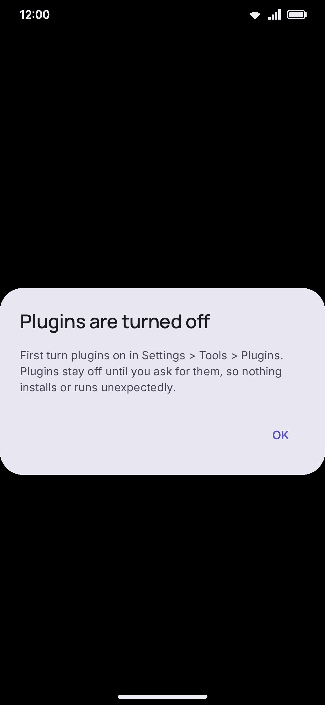 Opening a plugin file while the Plugins subsystem is off — nothing installs or runs.