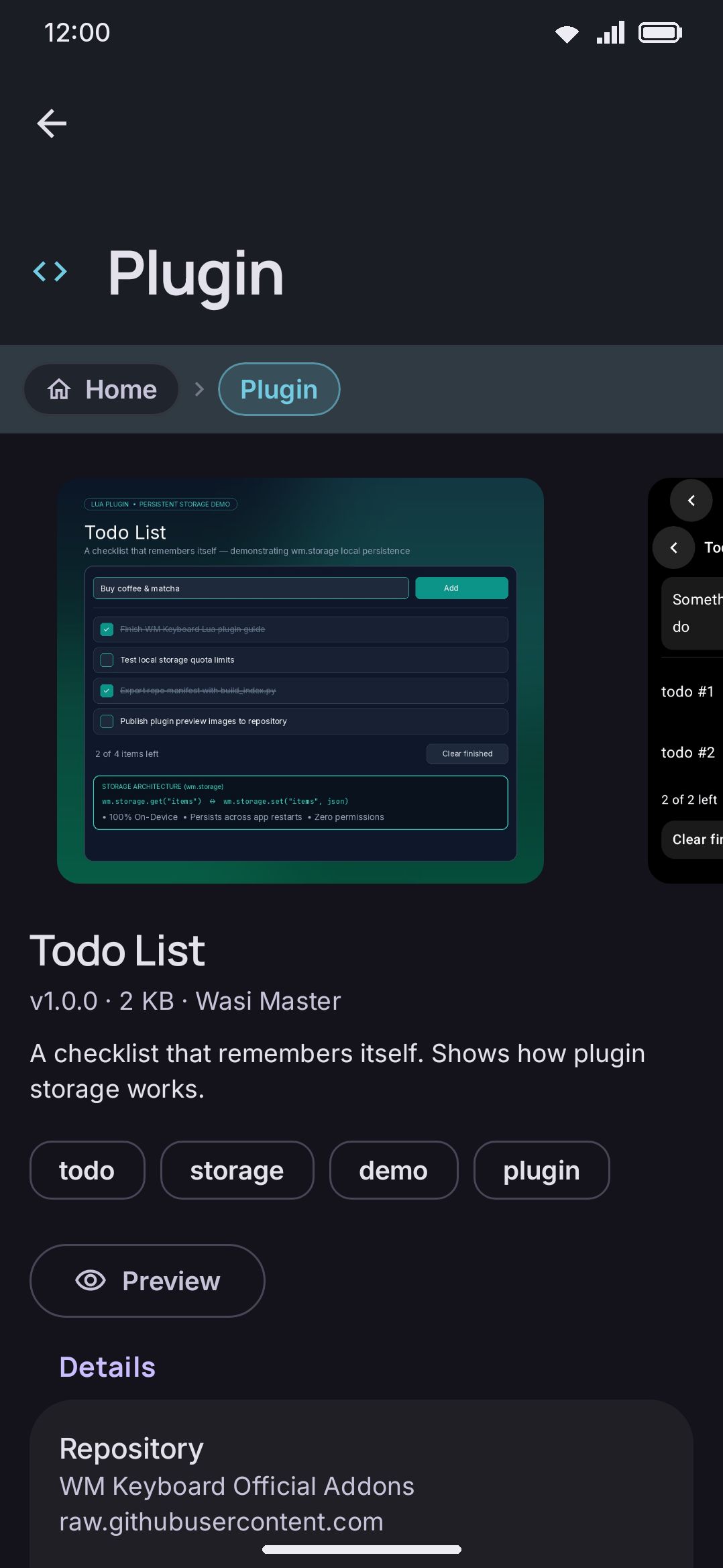 A plugin's detail page shows what it can do before you install it — this is the one addon type that isn't pure data.