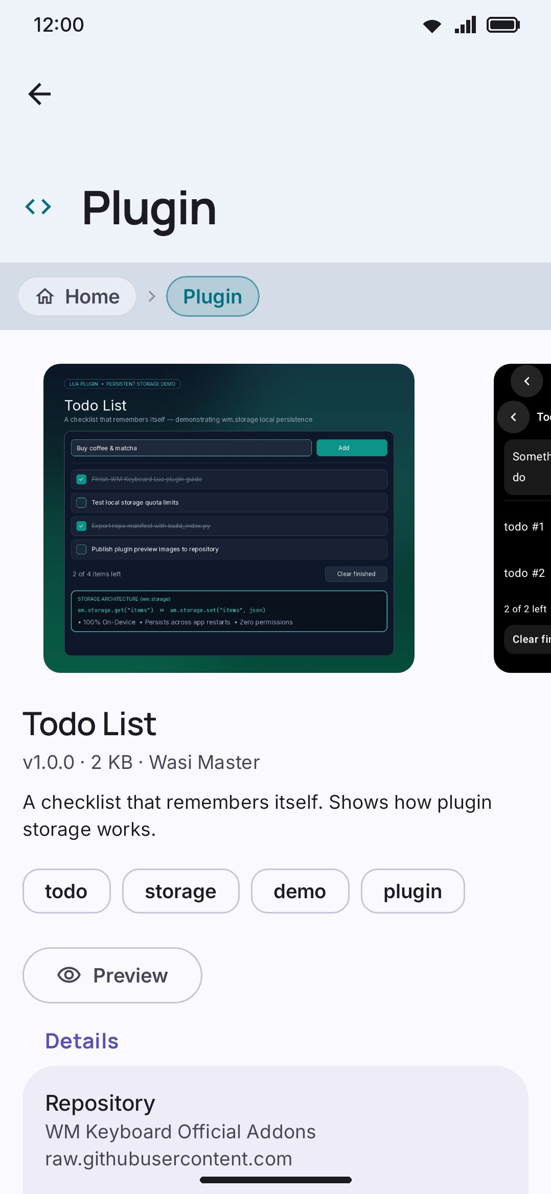 A plugin's detail page shows what it can do before you install it — this is the one addon type that isn't pure data.