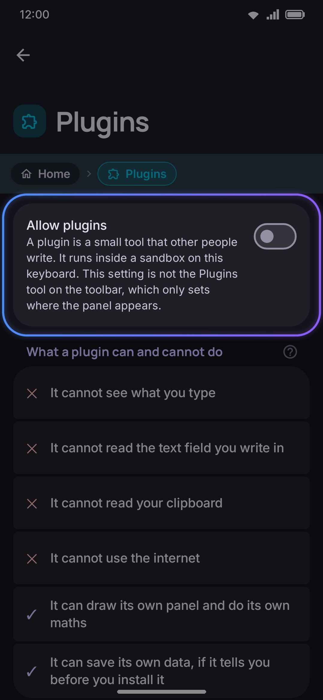 Plugins: the Allow plugins switch and what a plugin can and can't do.