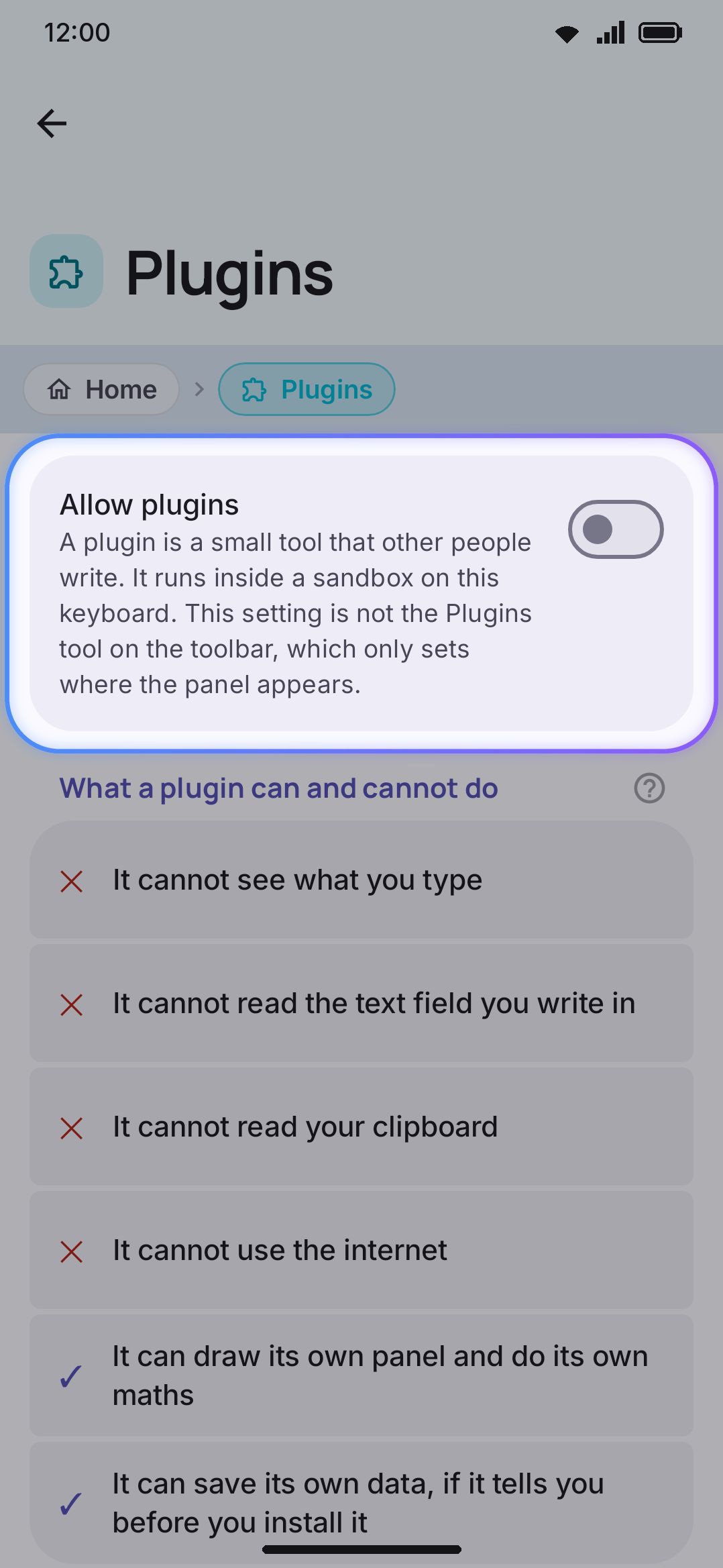 Plugins: the Allow plugins switch and what a plugin can and can't do.