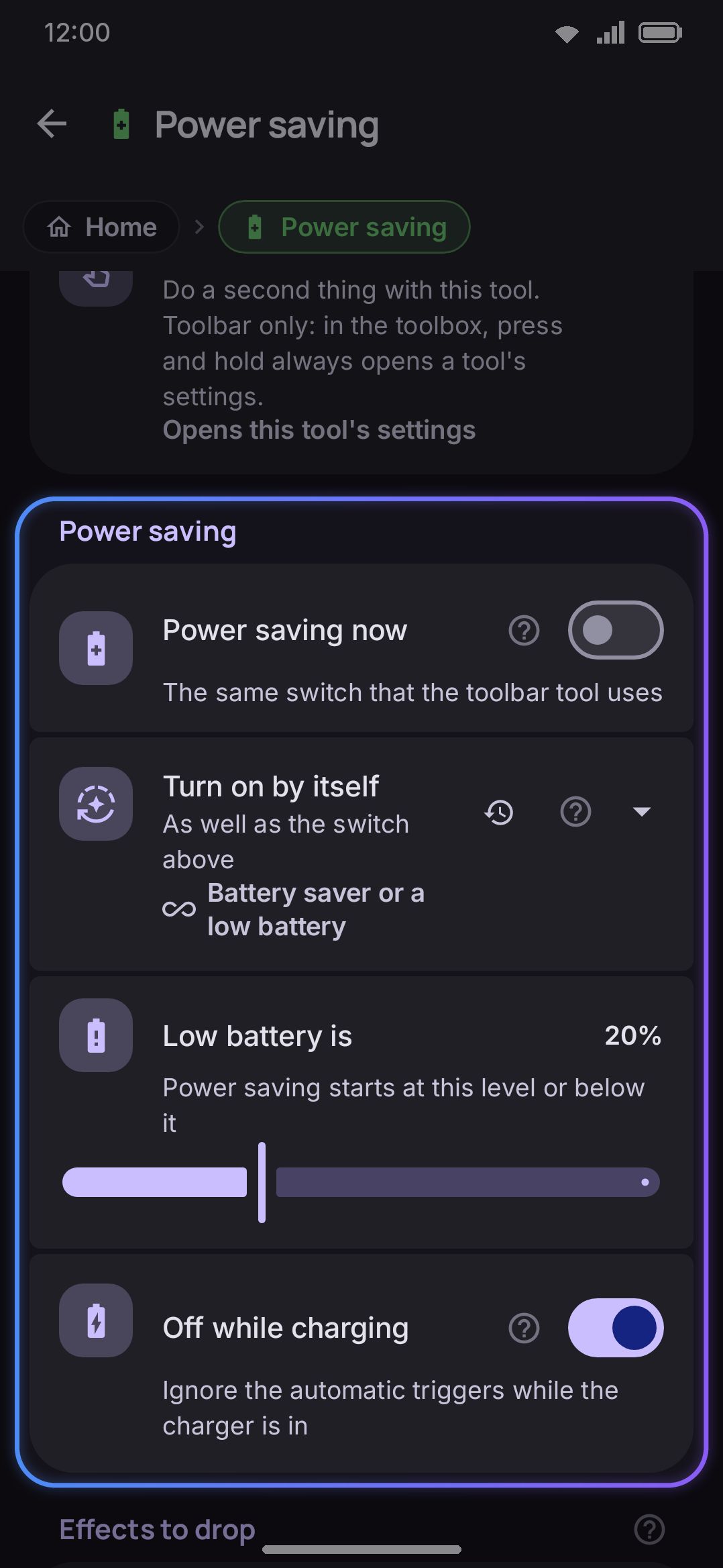 The Power saving group: the switch, the automatic trigger picker, and the battery slider.