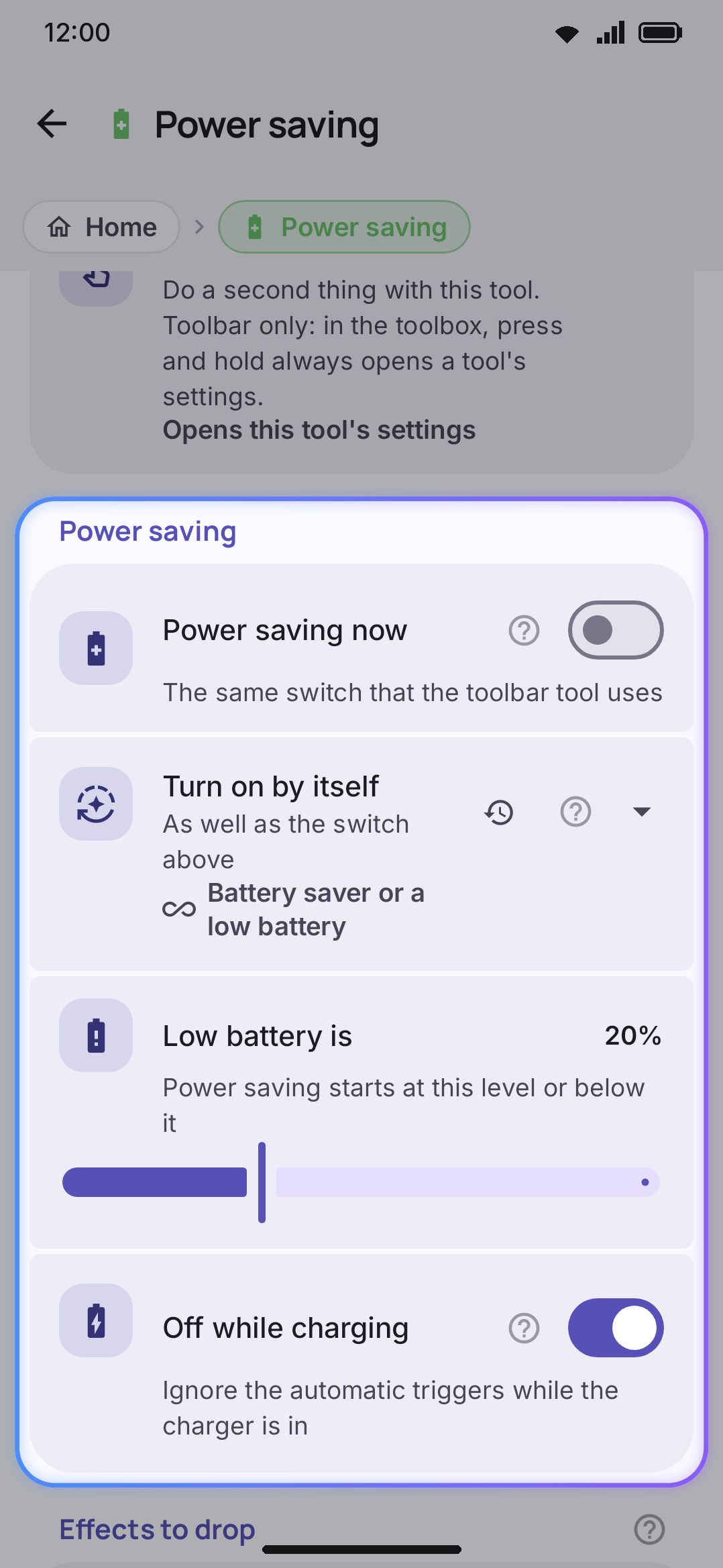 The Power saving group: the switch, the automatic trigger picker, and the battery slider.