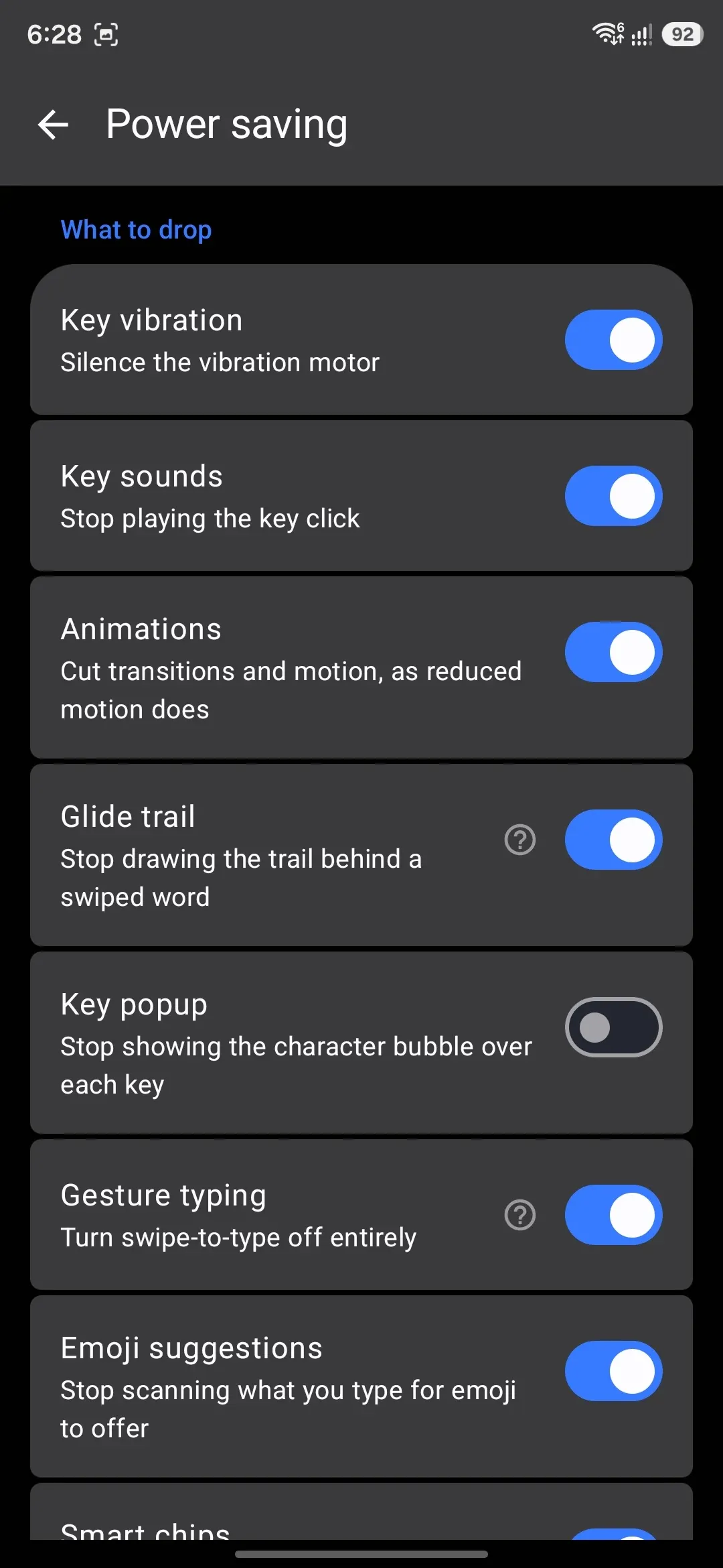 The What to drop group, twelve independent switches.