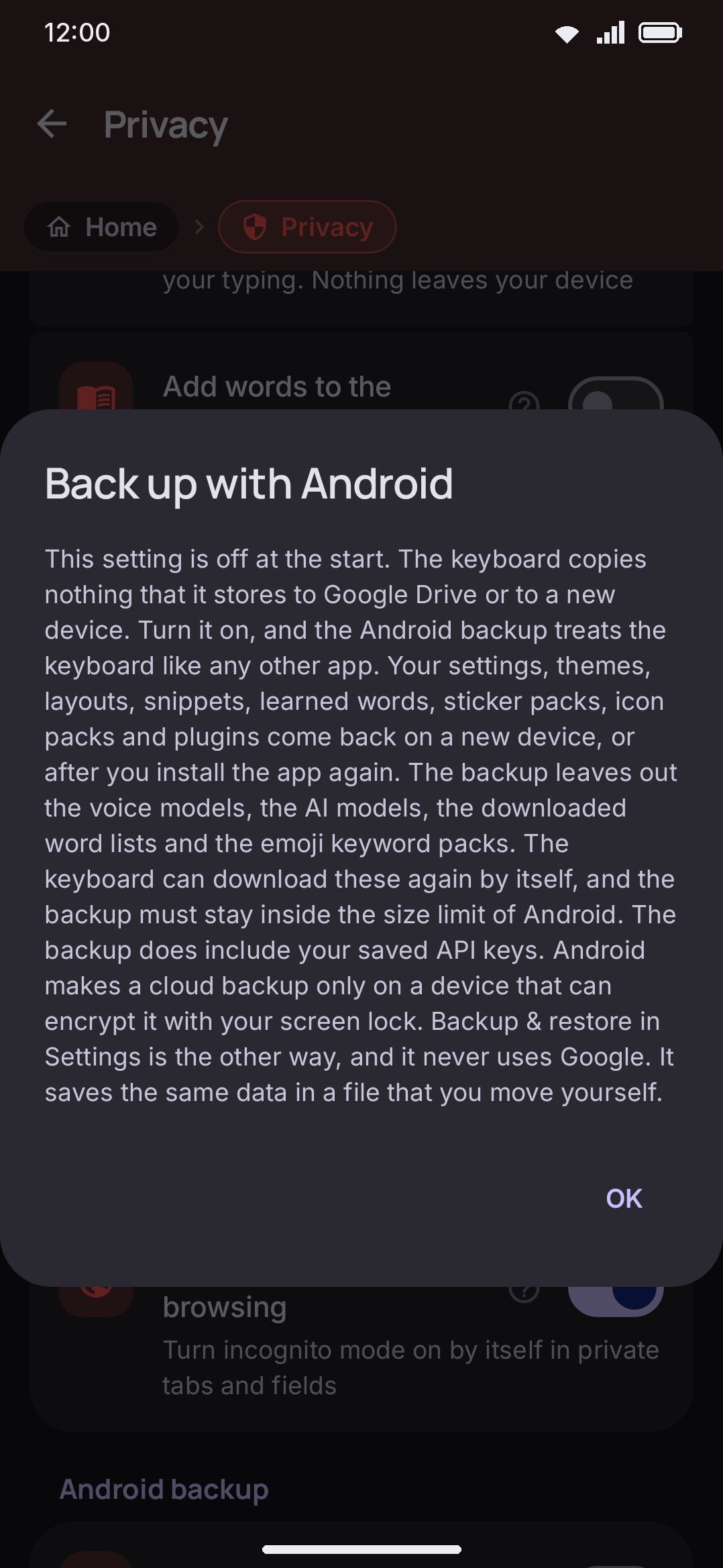 The info dialog for Back up with Android, listing what's included and excluded.