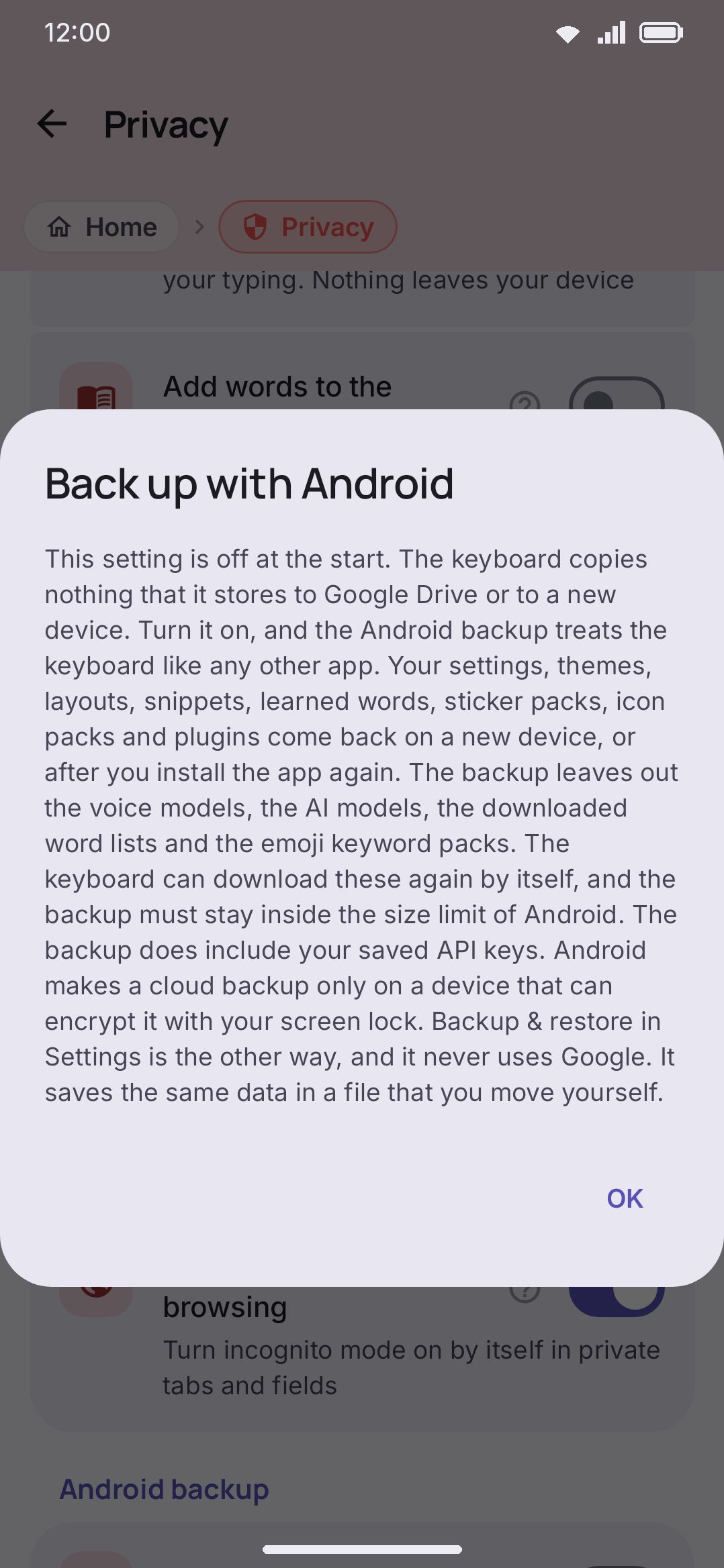 The info dialog for Back up with Android, listing what's included and excluded.