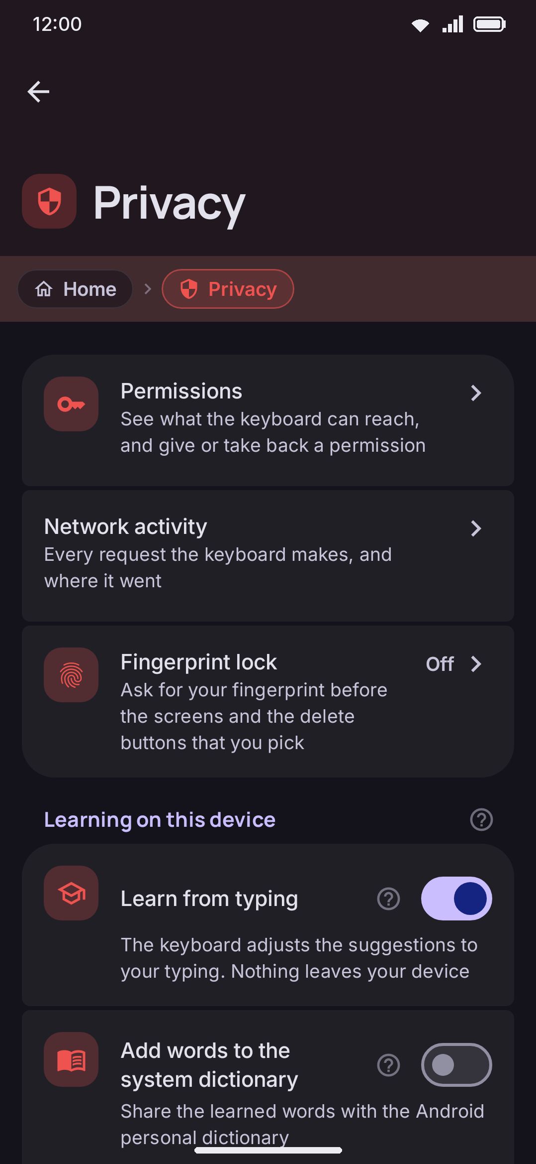 The Privacy screen: On-device learning, Android backup, and Your data groups.