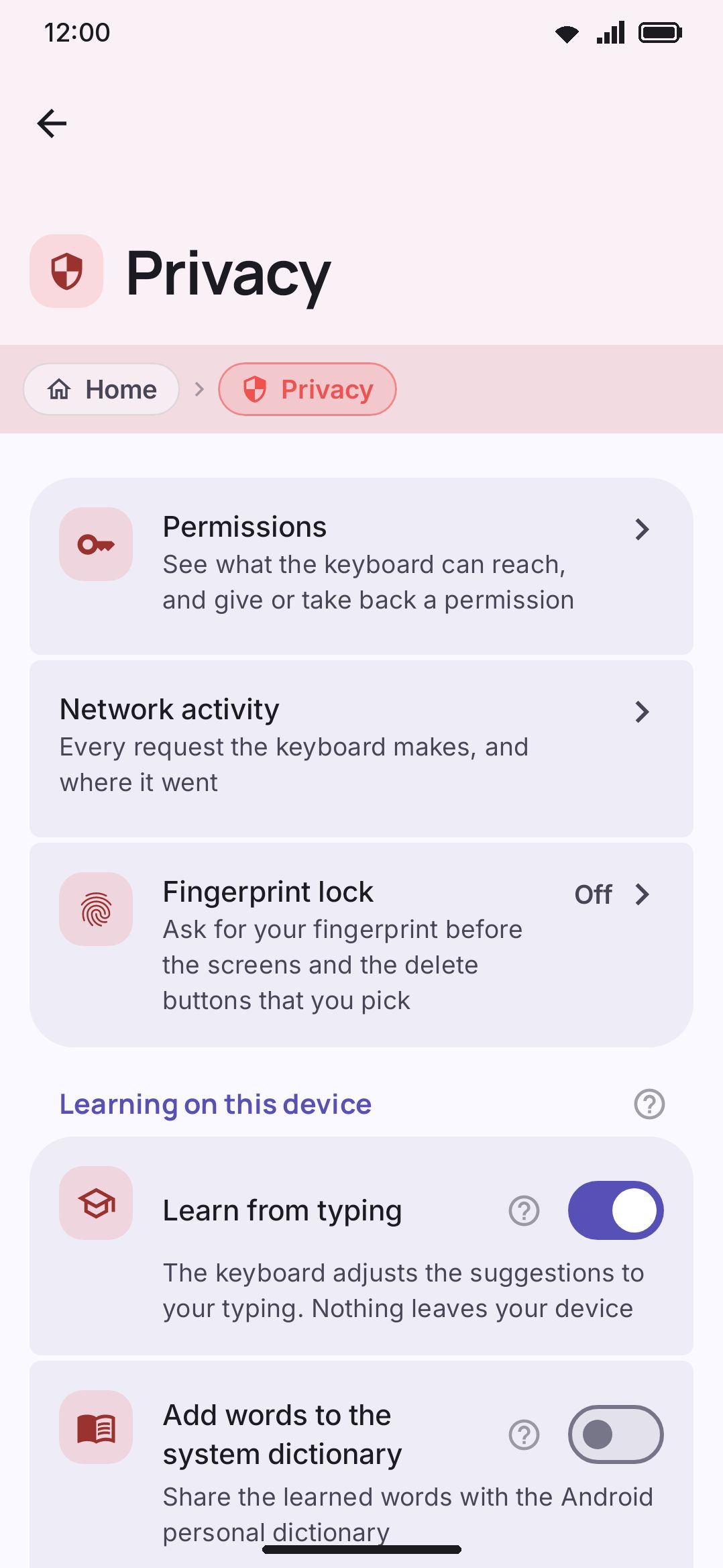 The Privacy screen: On-device learning, Android backup, and Your data groups.