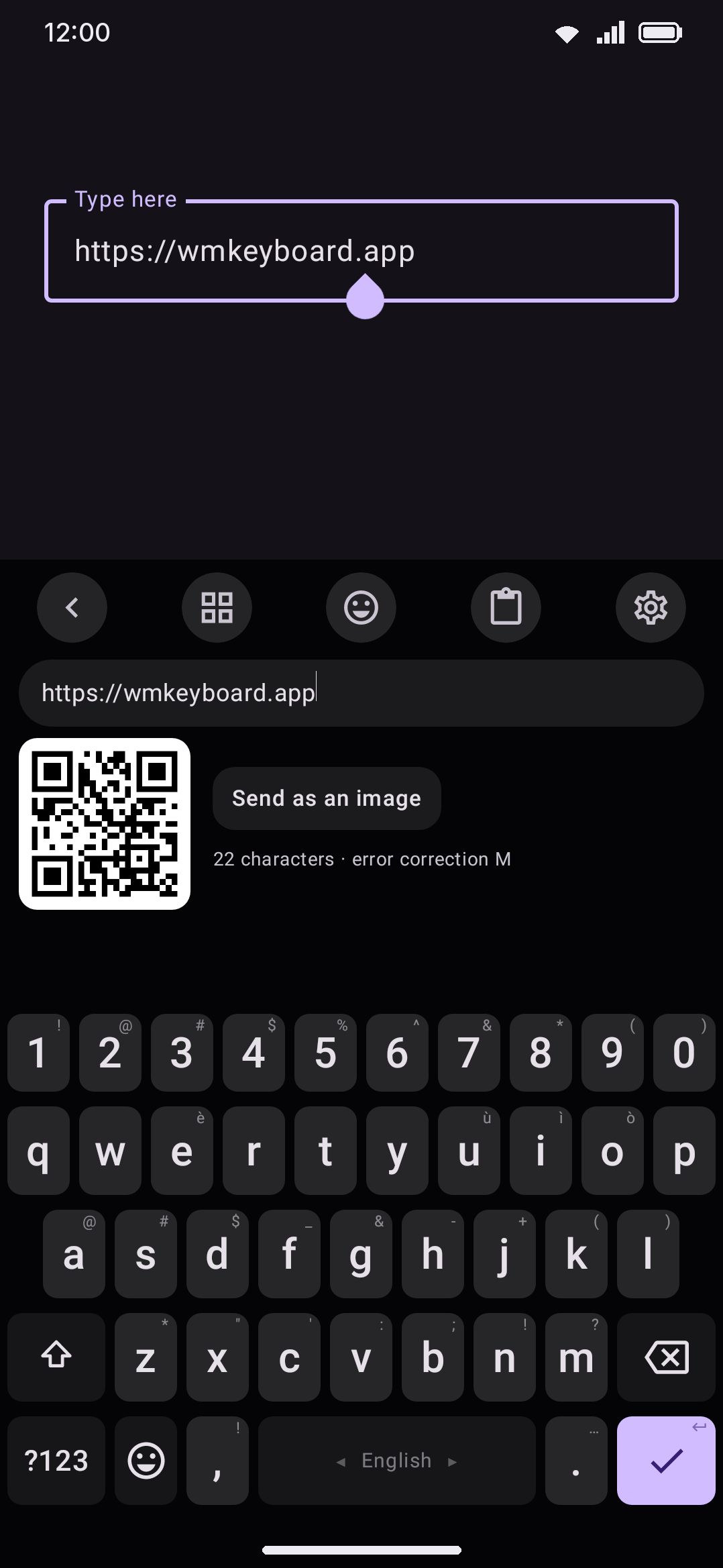 The QR generator panel: editable content line, live QR preview, and Send as image.