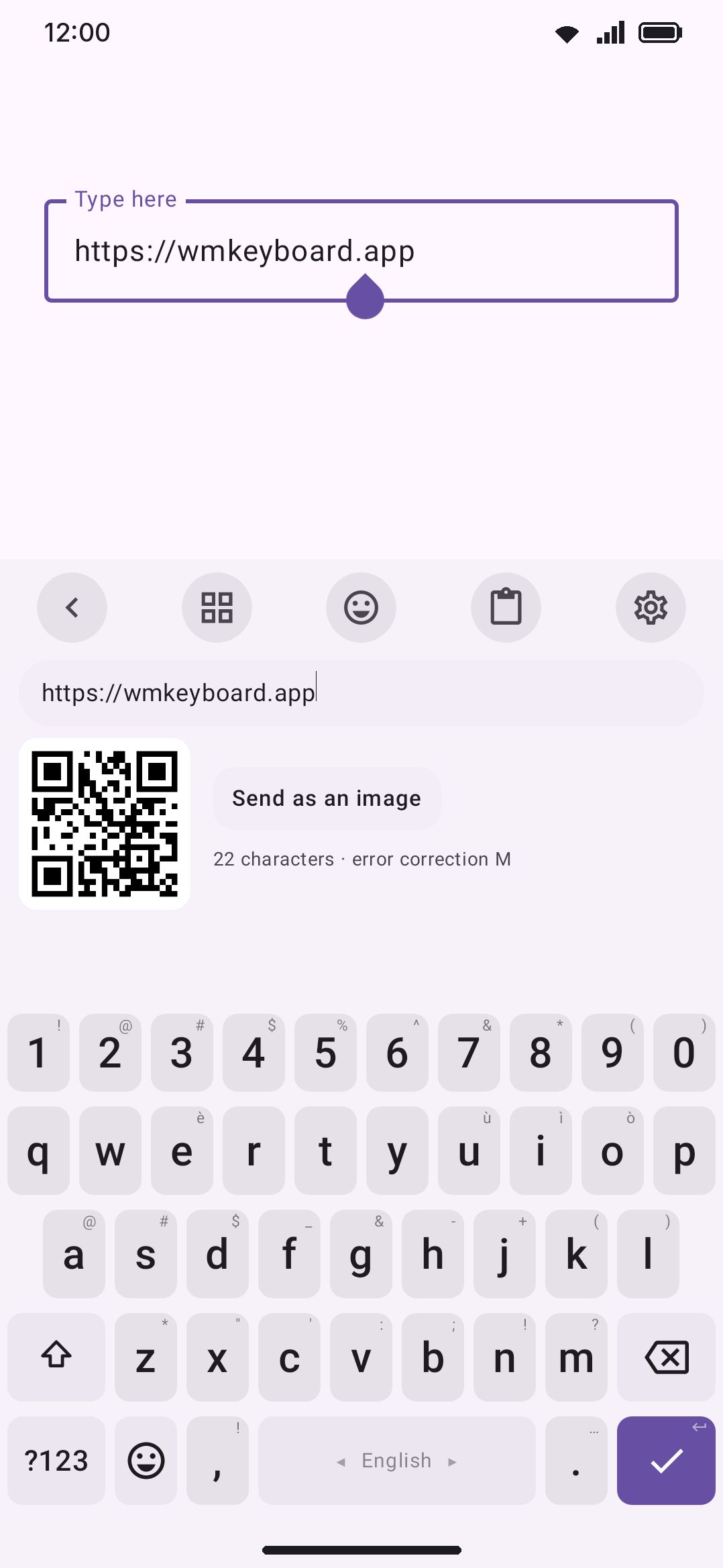 The QR generator panel: editable content line, live QR preview, and Send as image.