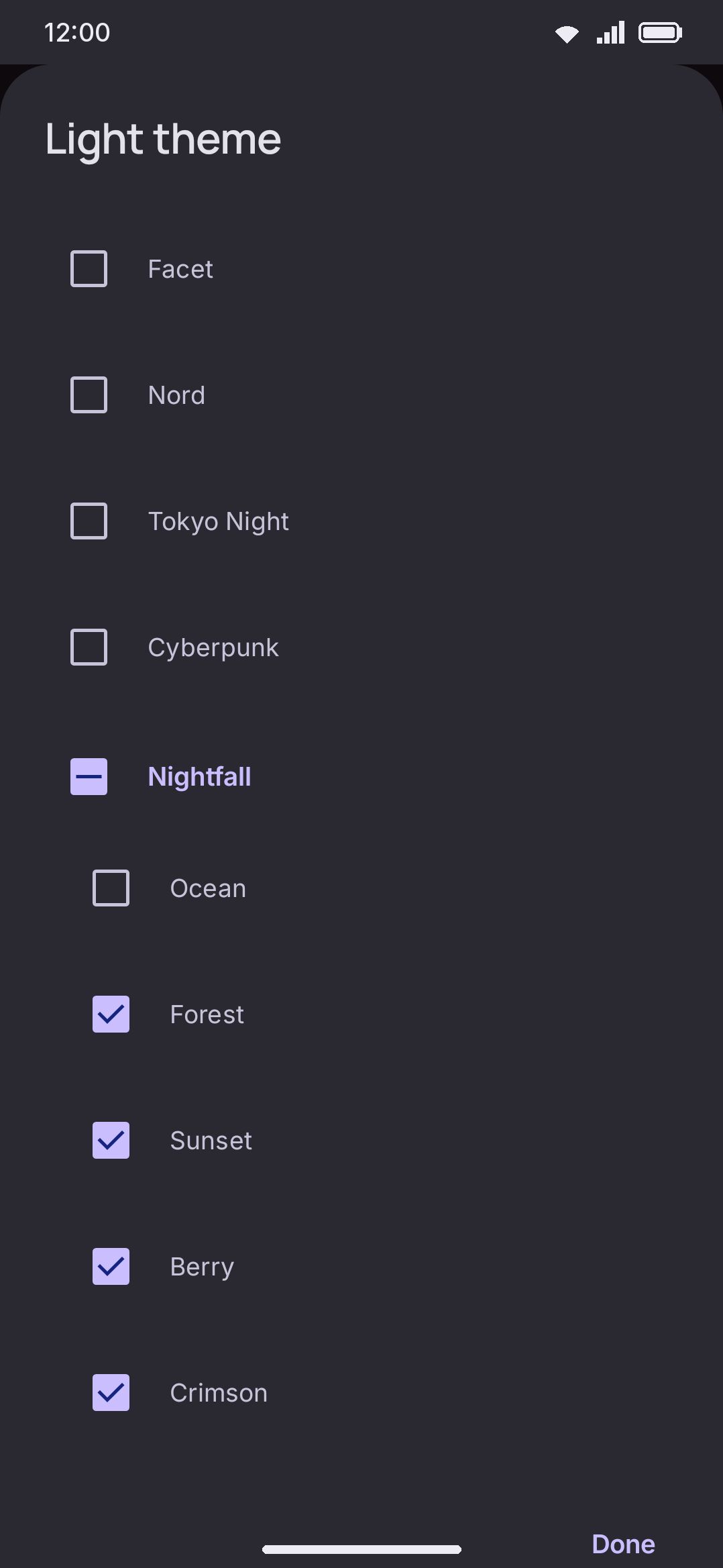 The light theme picker in Random mode, with four themes ticked.