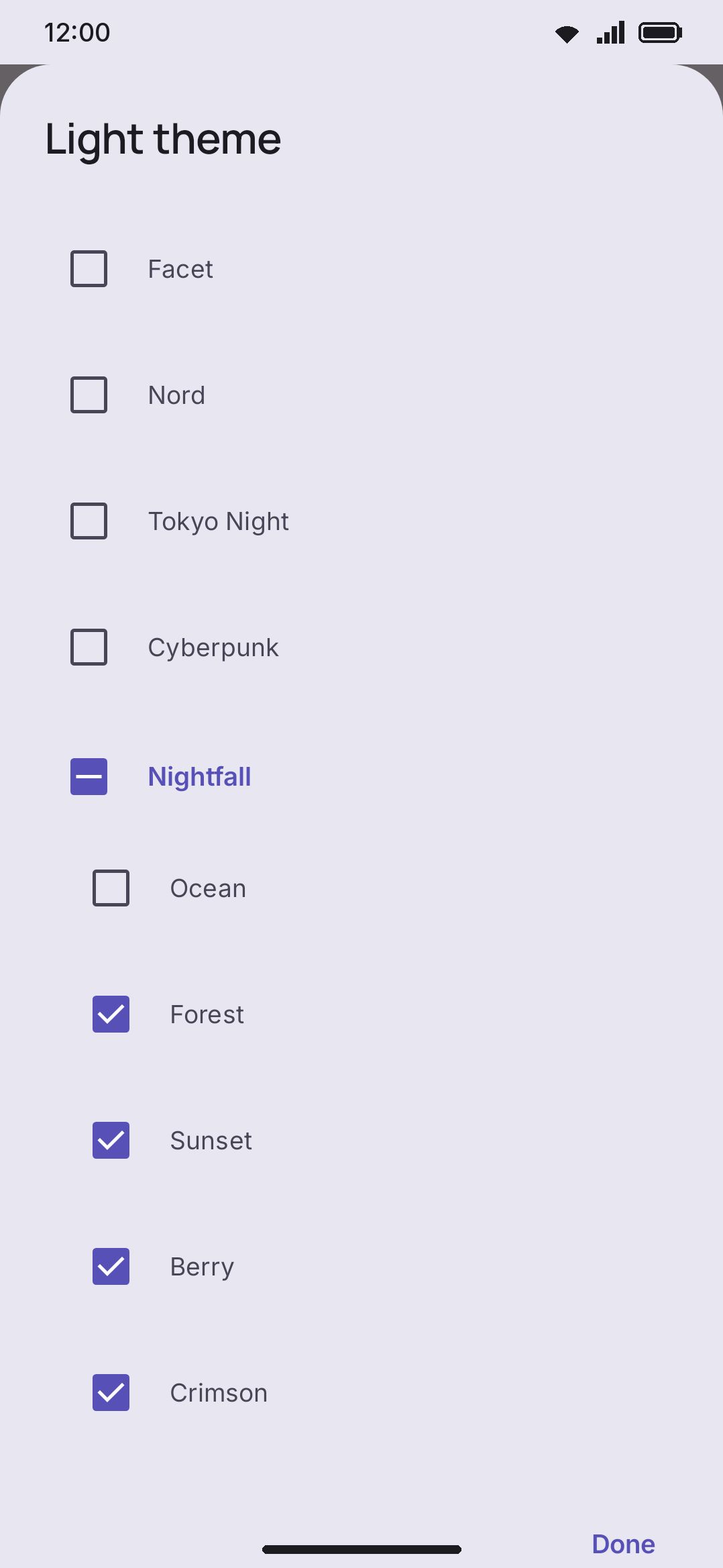 The light theme picker in Random mode, with four themes ticked.