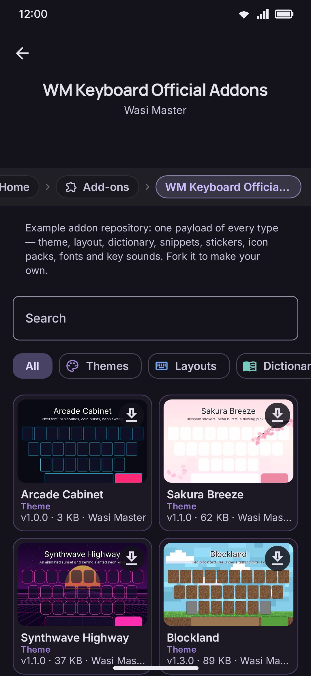 A repository's catalogue: search, type filters, and a two-column grid of addon cards.