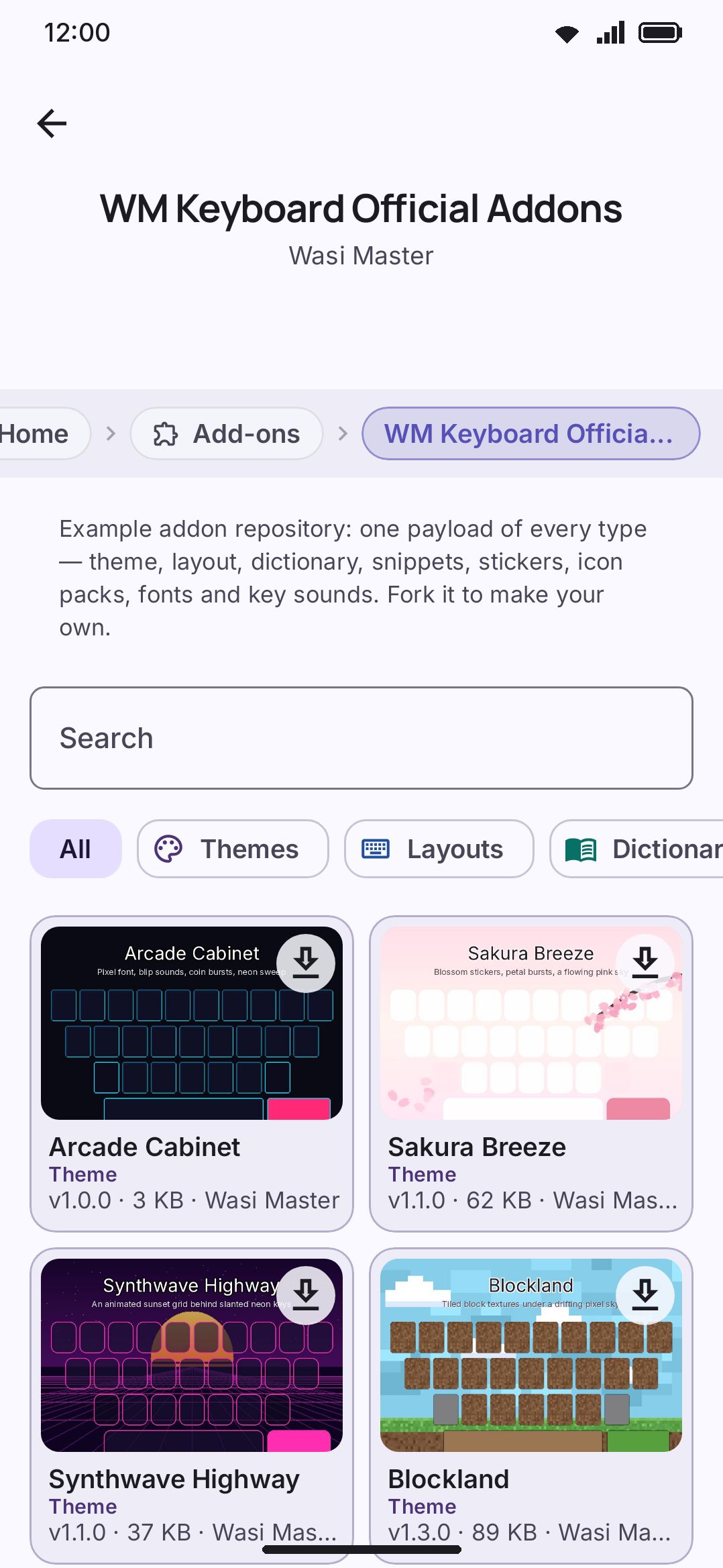 A repository's catalogue: search, type filters, and a two-column grid of addon cards.