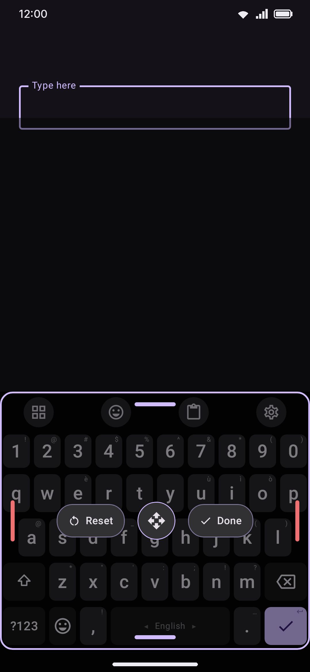Resize mode: the keyboard dimmed behind its outline, with drag handles on all four edges and the Reset / move / Done row in the middle.