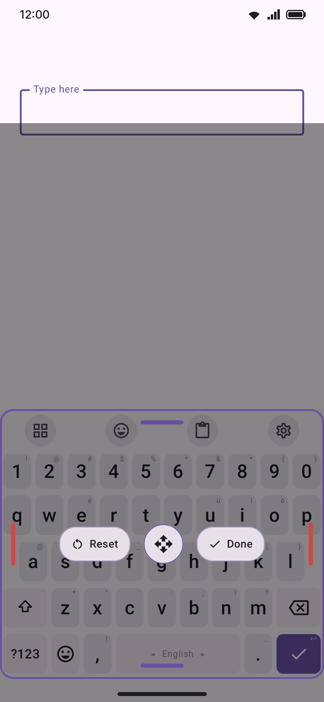 Resize mode: the keyboard dimmed behind its outline, with drag handles on all four edges and the Reset / move / Done row in the middle.