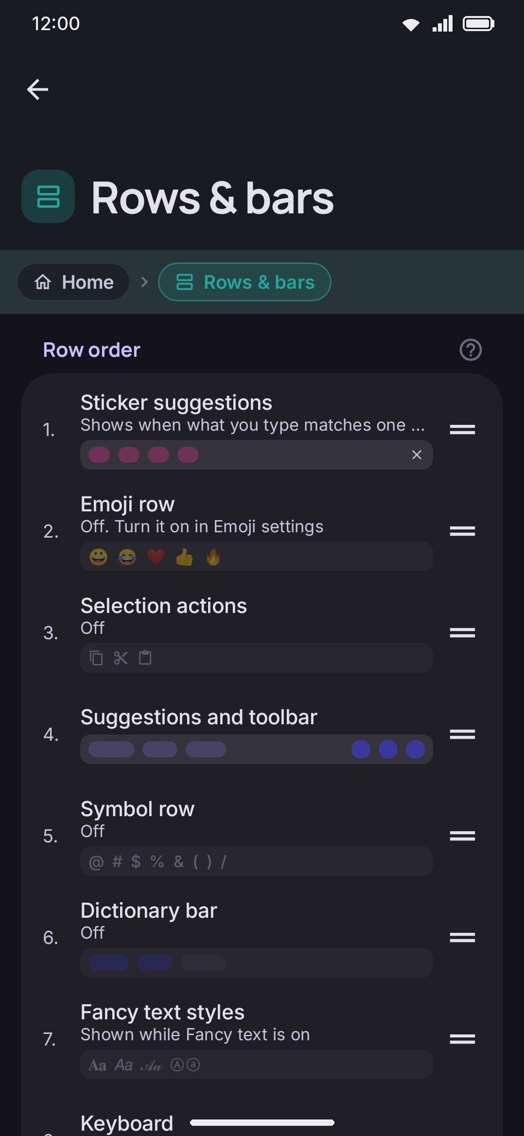 The Rows & bars screen: Symbol row, Row order, and Symbol sets groups.