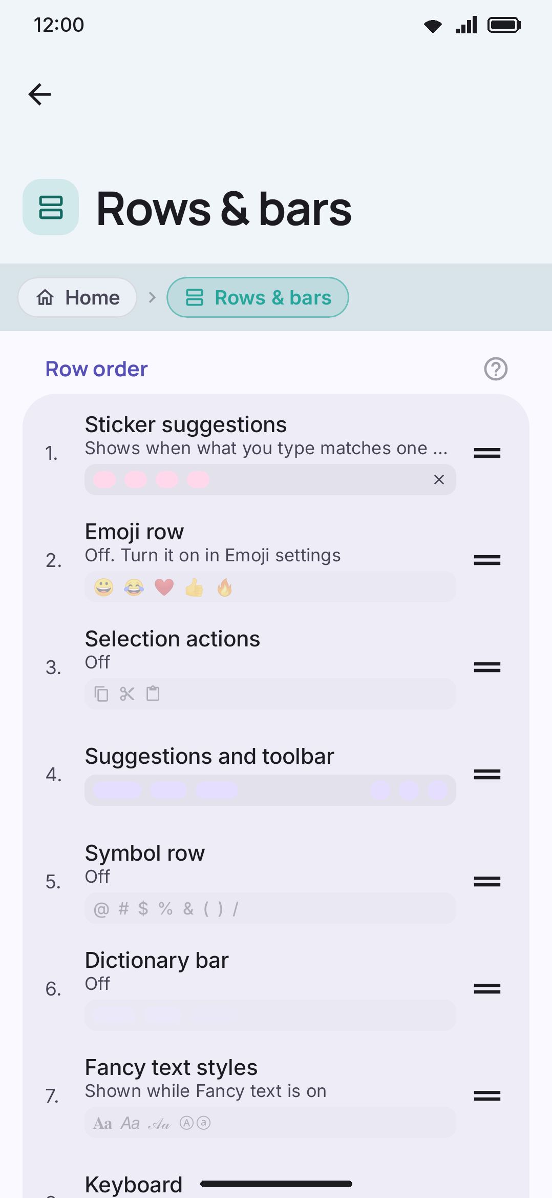 The Rows & bars screen: Symbol row, Row order, and Symbol sets groups.