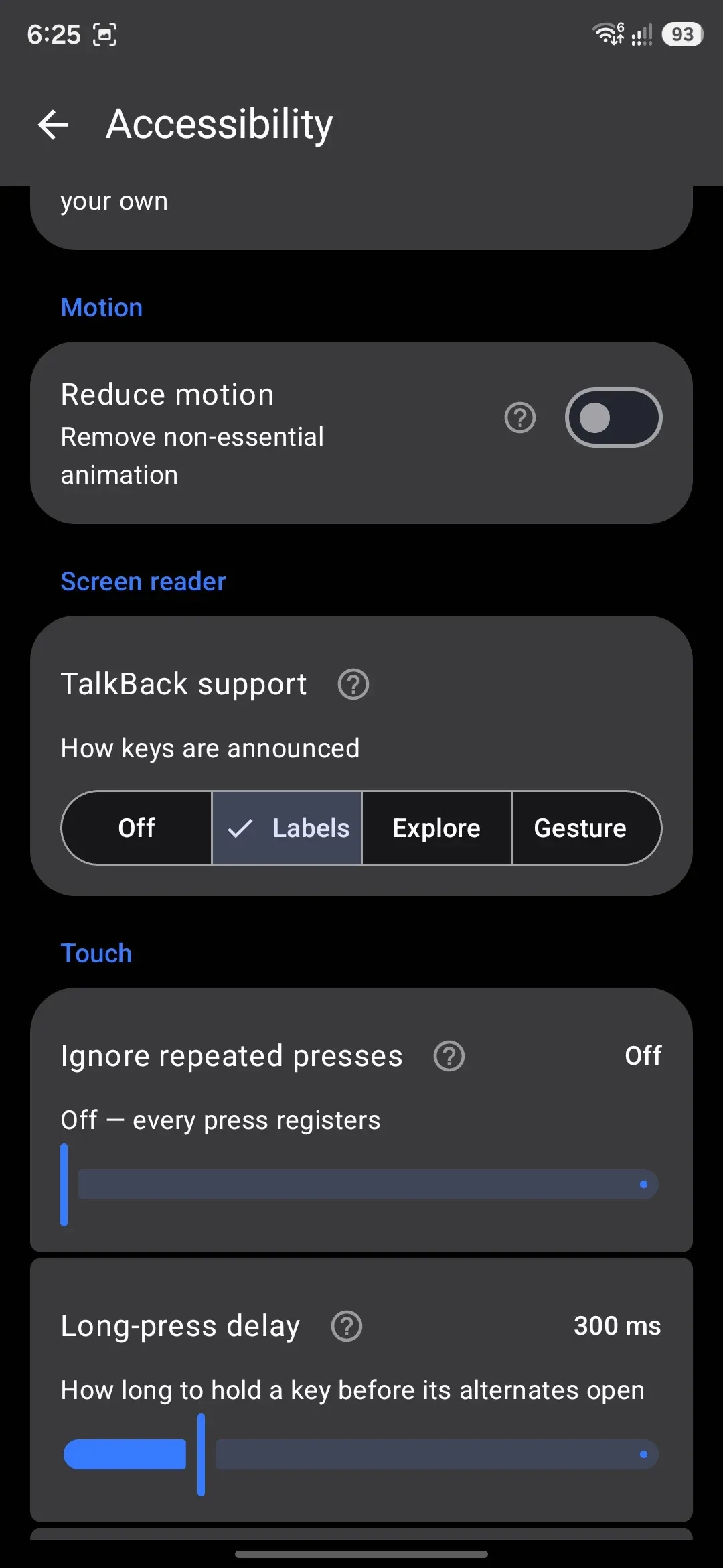 TalkBack support set to Gestures, with the four modes shown in the picker.