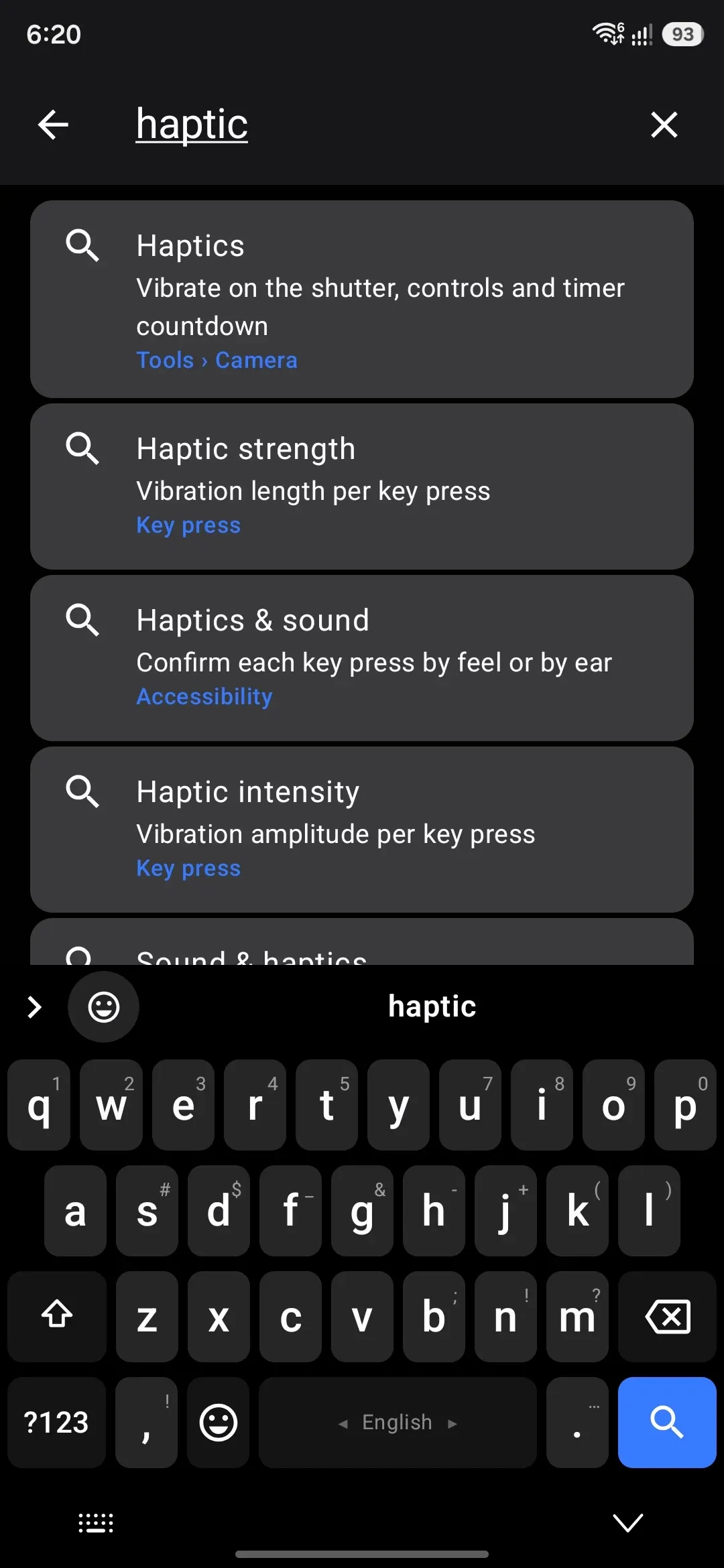 Typing a query in Settings search — each result carries a breadcrumb to the screen it lives on.