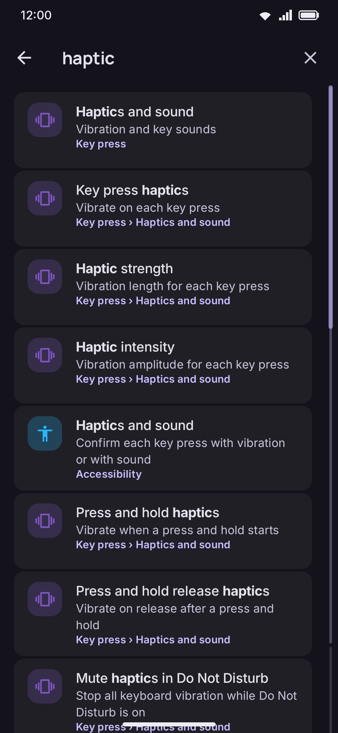 Typing a query in Settings search — each result carries a breadcrumb to the screen it lives on.