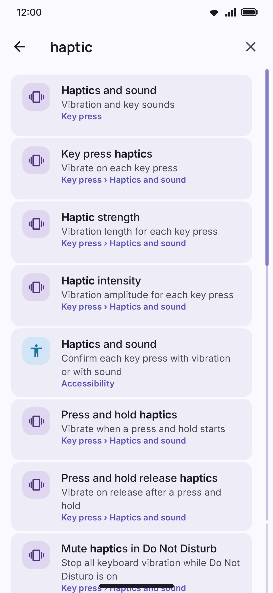 Typing a query in Settings search — each result carries a breadcrumb to the screen it lives on.