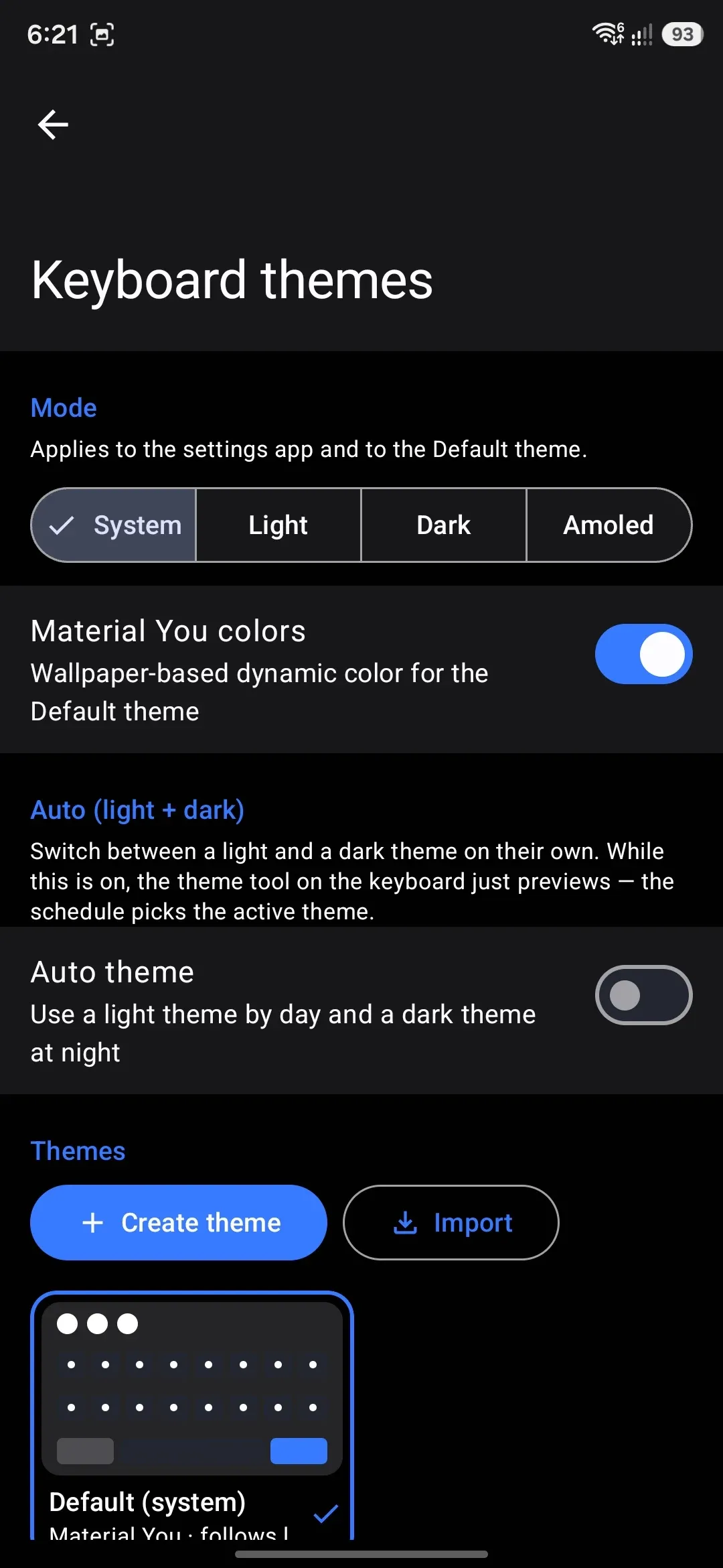 A settings screen reached from a launcher shortcut — this one opened straight to Themes.