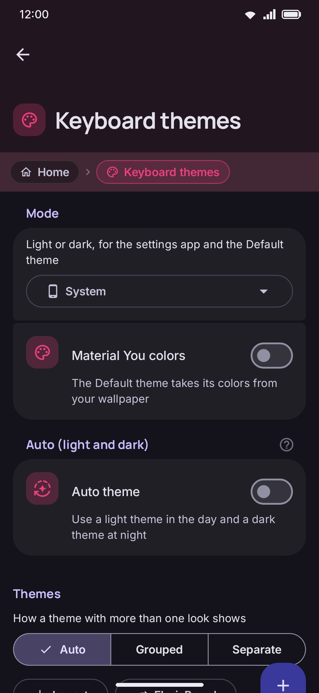 A settings screen reached from a launcher shortcut — this one opened straight to Themes.