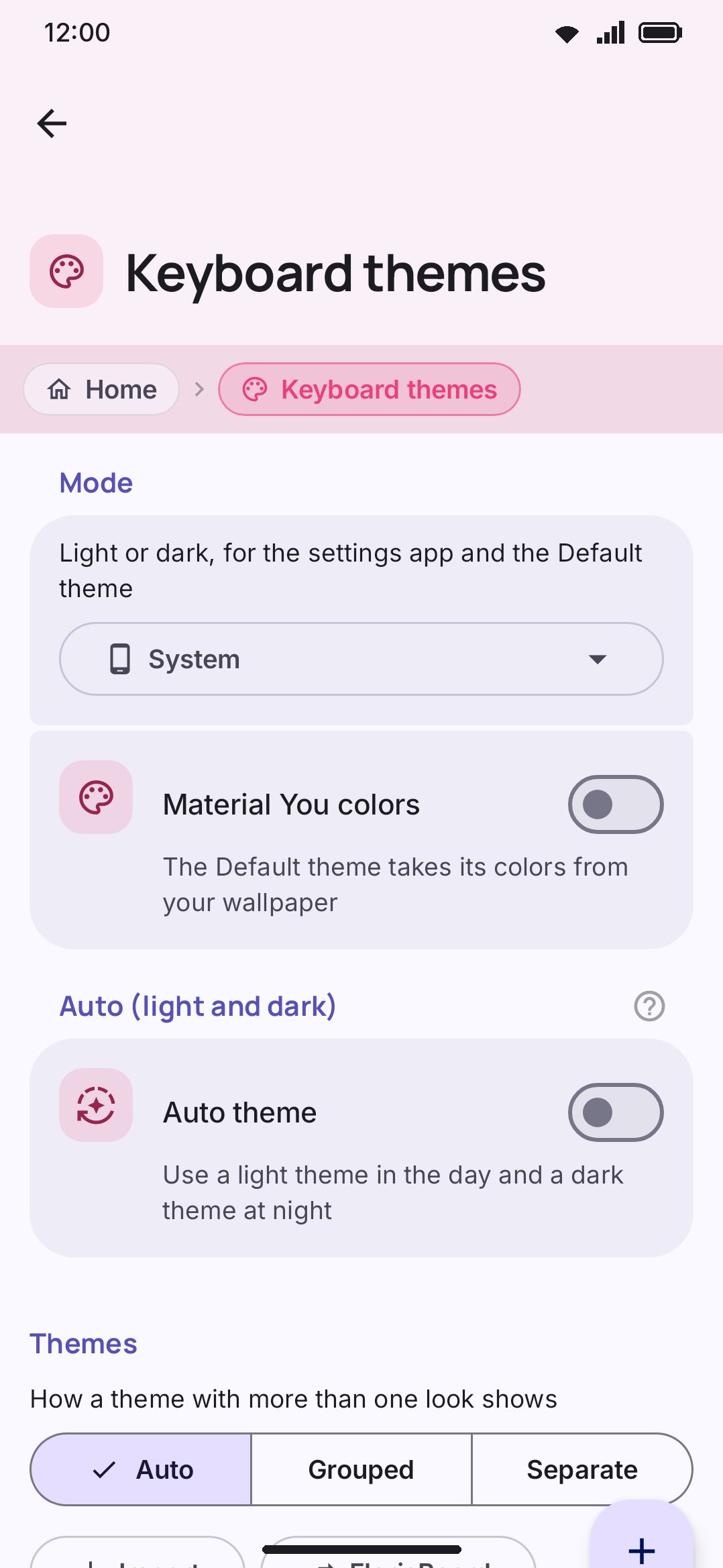 A settings screen reached from a launcher shortcut — this one opened straight to Themes.