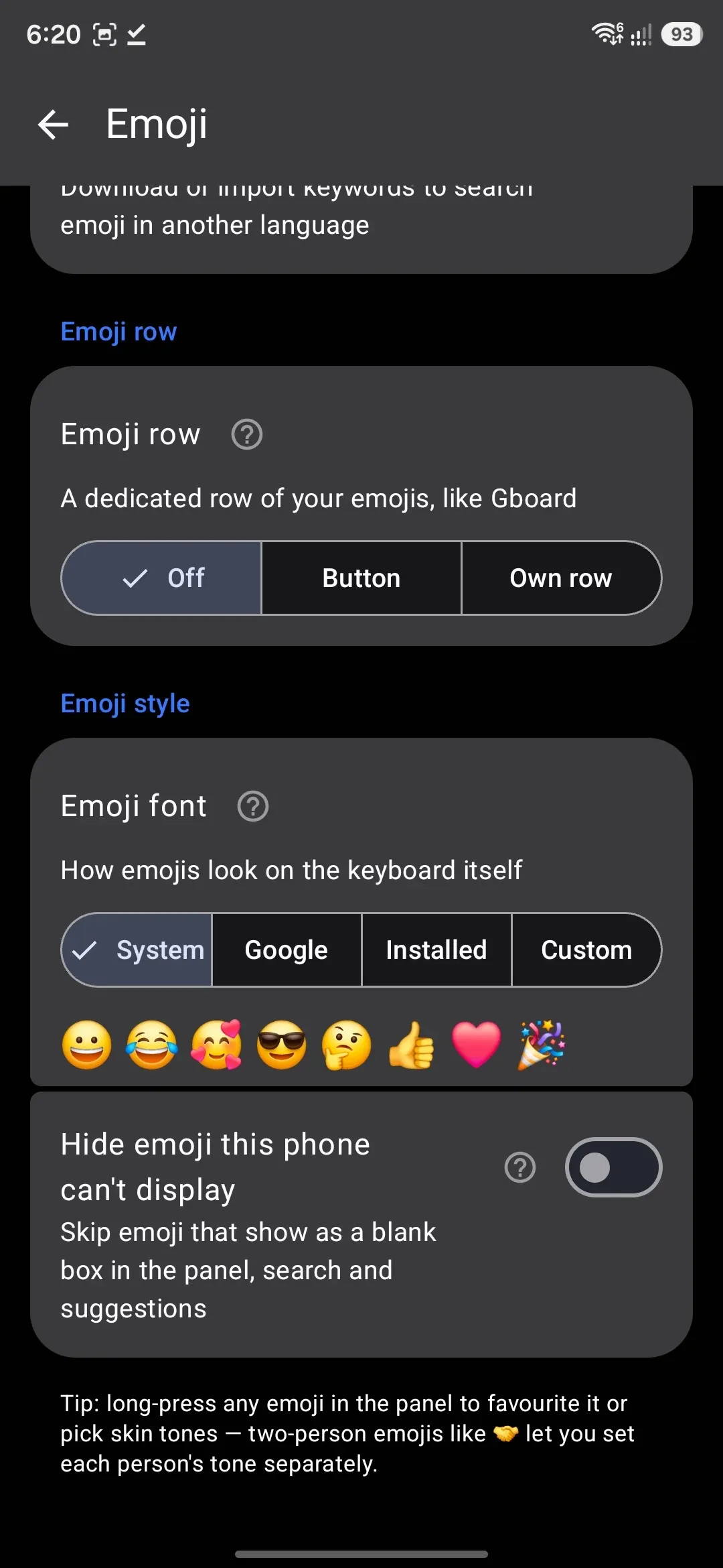 The Emoji settings screen, with the live font preview row.