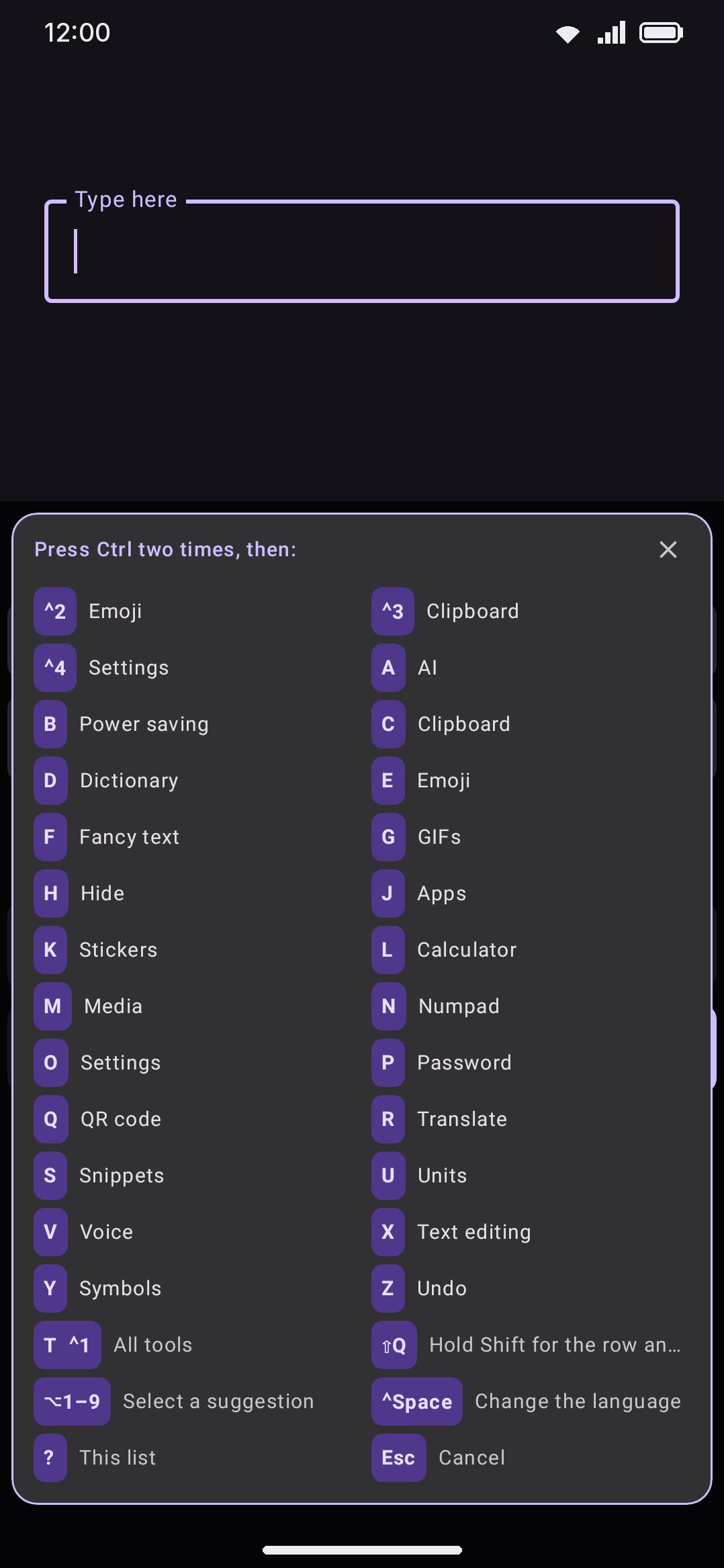 The cheat sheet after pressing the shortcut key twice, then ?, showing every bound letter.