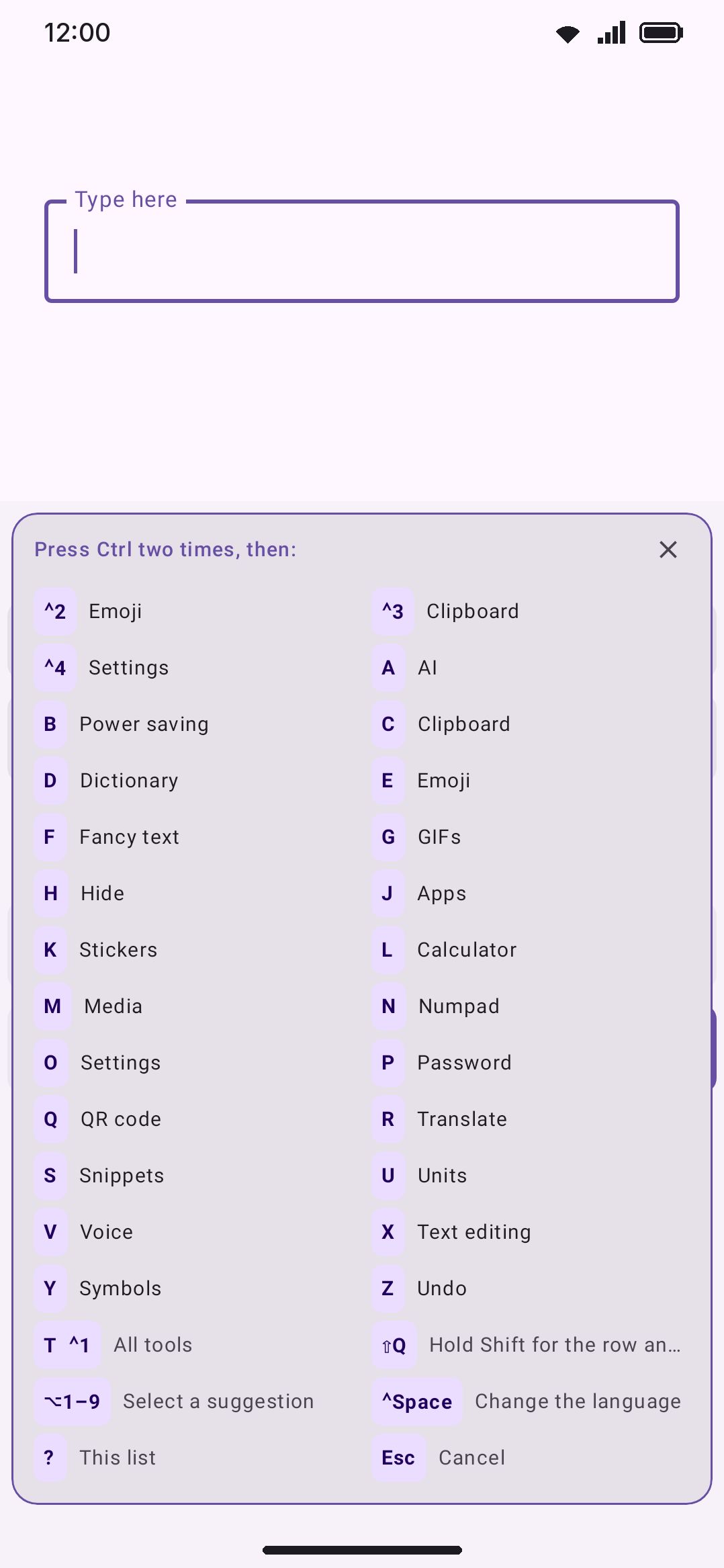 The cheat sheet after pressing the shortcut key twice, then ?, showing every bound letter.