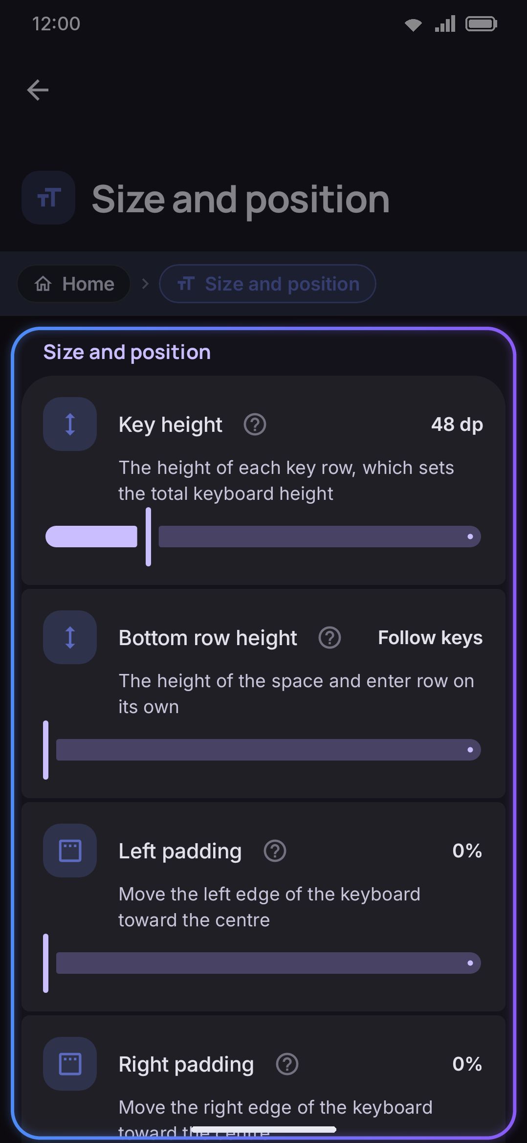 The Size & position group: key height, key spacing, width and position sliders.