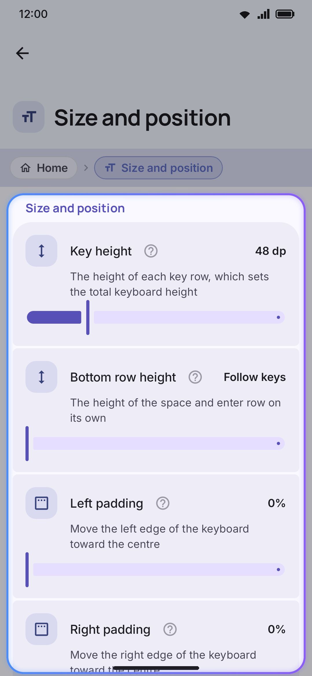 The Size & position group: key height, key spacing, width and position sliders.