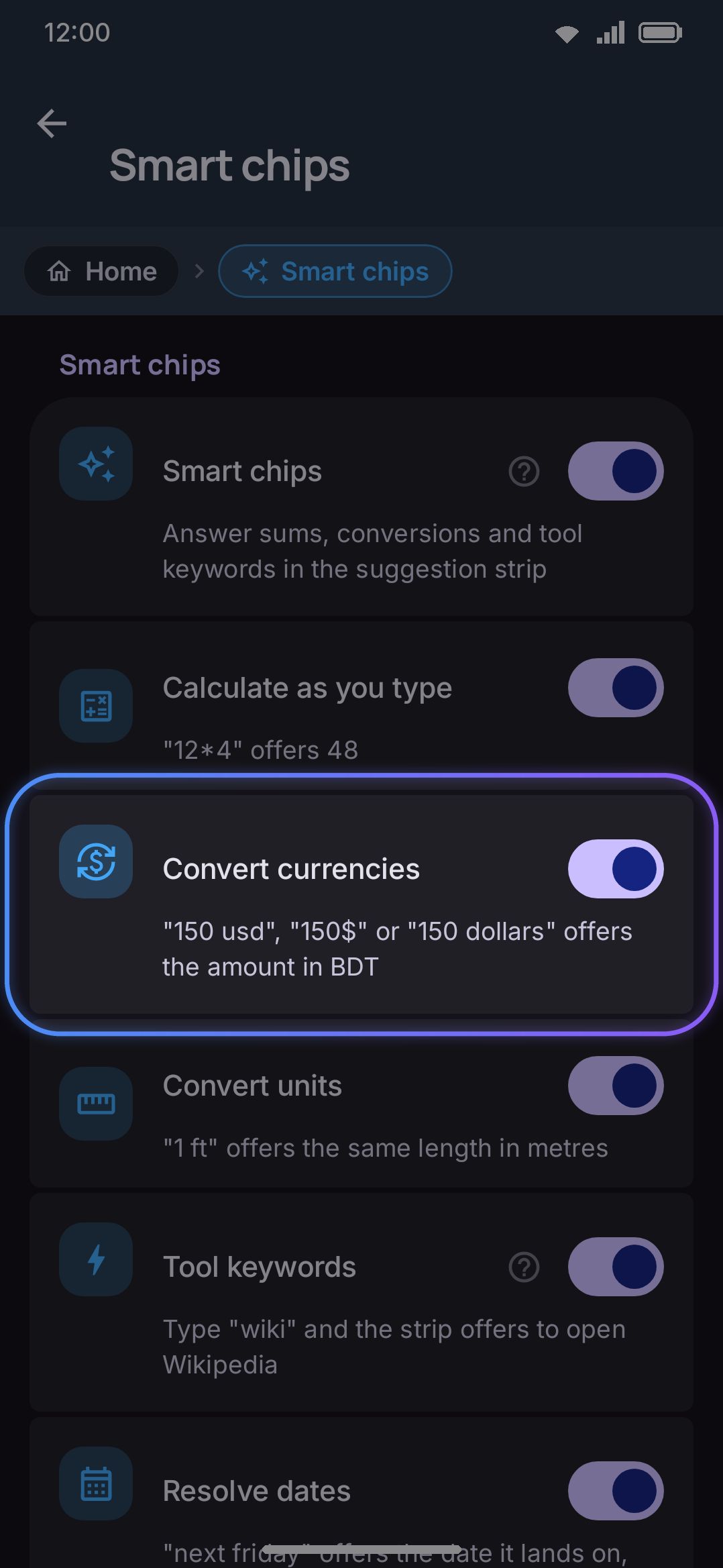 Convert currencies, on by default under Smart chips — the one smart chip that reaches the network.