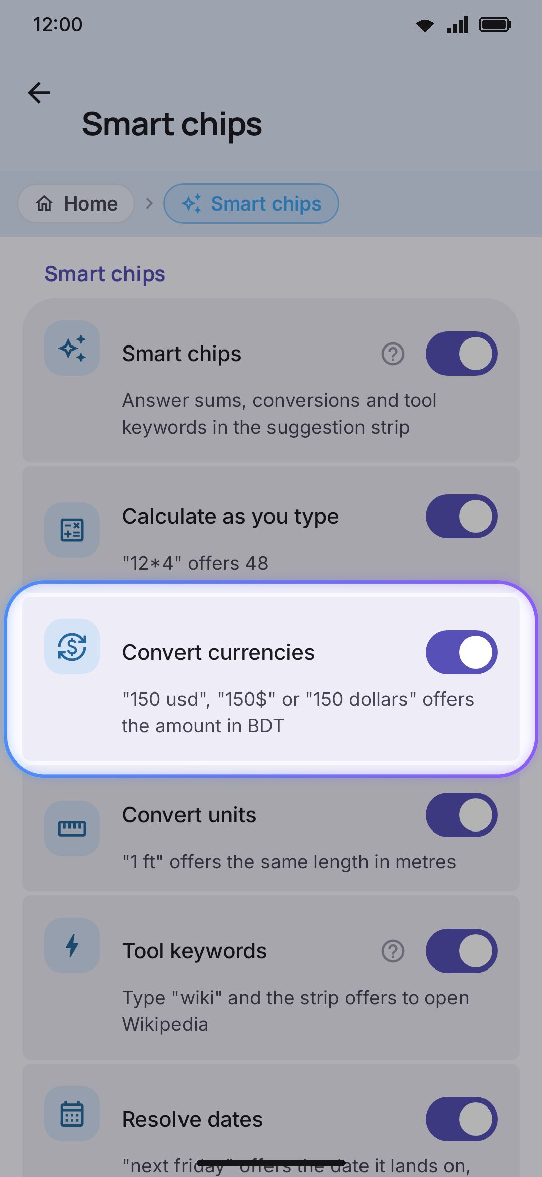 Convert currencies, on by default under Smart chips — the one smart chip that reaches the network.