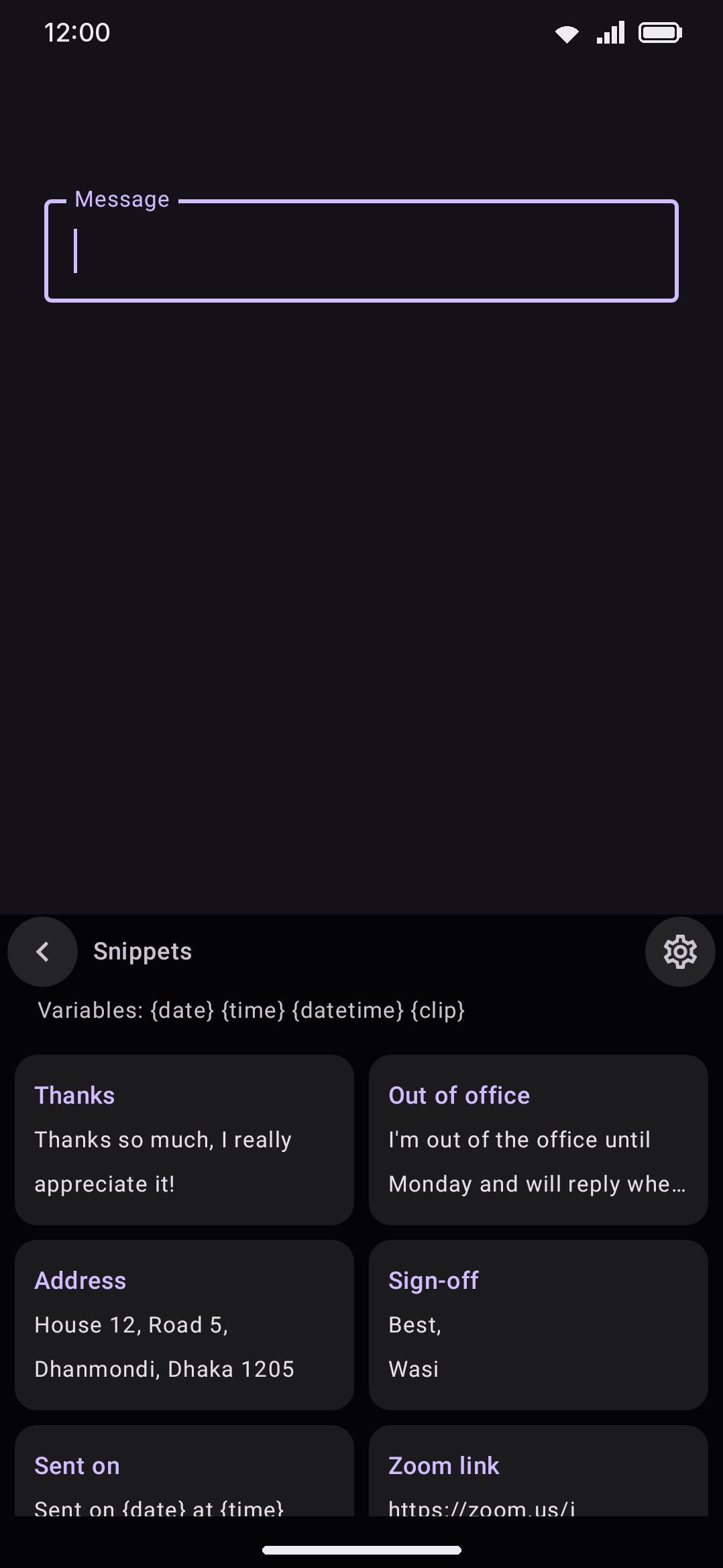 The snippets panel: saved snippets as two-column cards, ready to insert with a tap.
