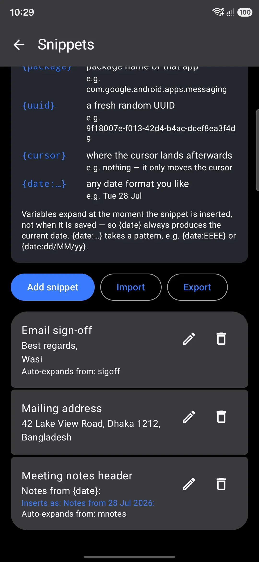 Snippets settings: the variable reference card, saved snippets with live insert previews, and Add / Import / Export.