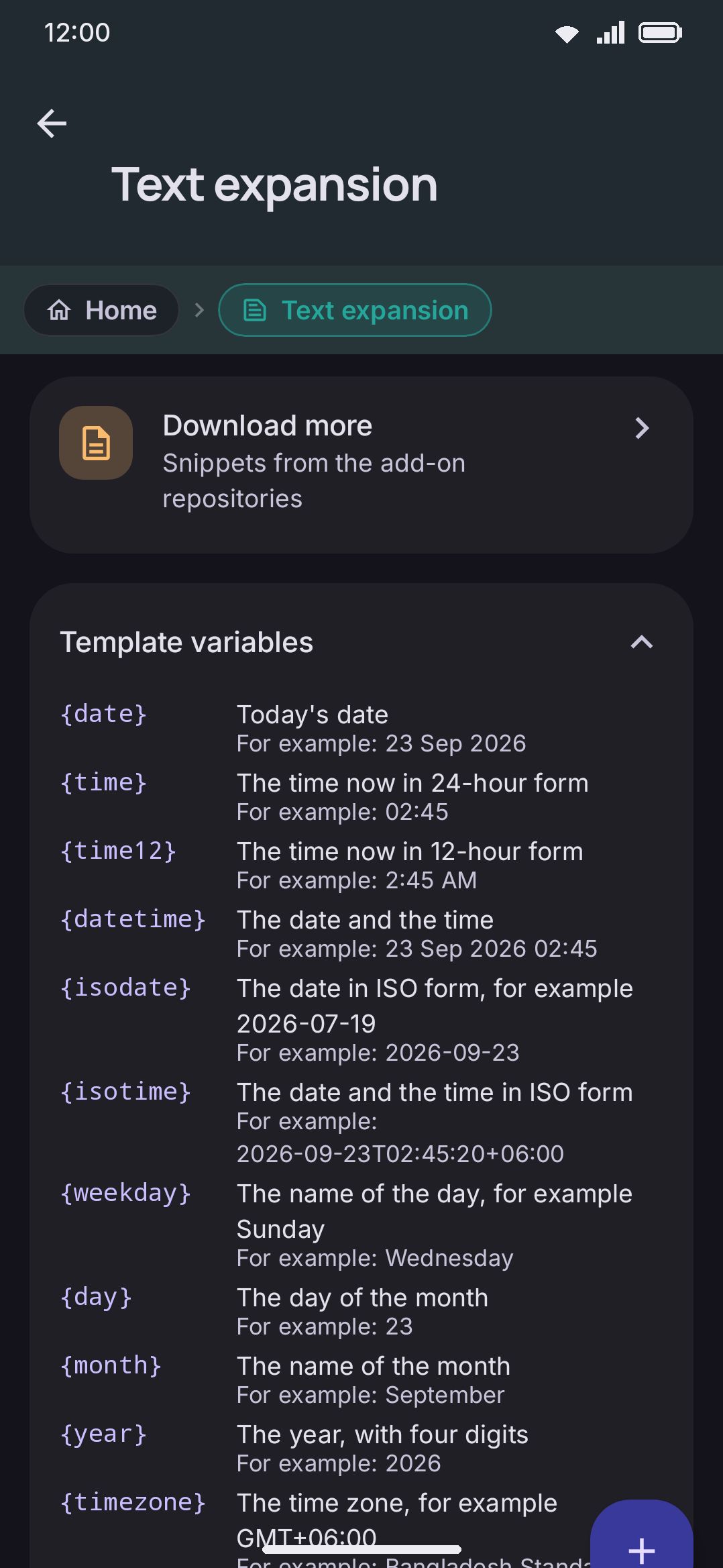 Snippets settings: the variable reference card, saved snippets with live insert previews, and Add / Import / Export.