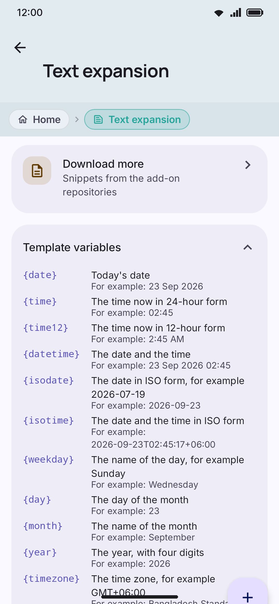 Snippets settings: the variable reference card, saved snippets with live insert previews, and Add / Import / Export.