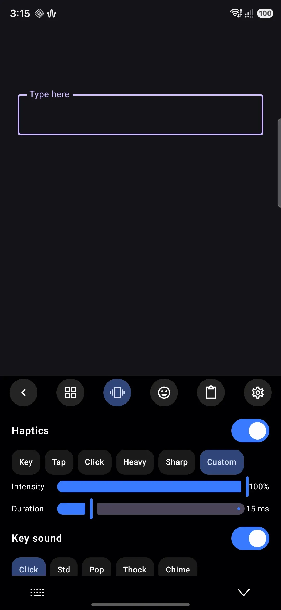 The Sound & haptics toolbar panel, with the ringer warning banner shown.