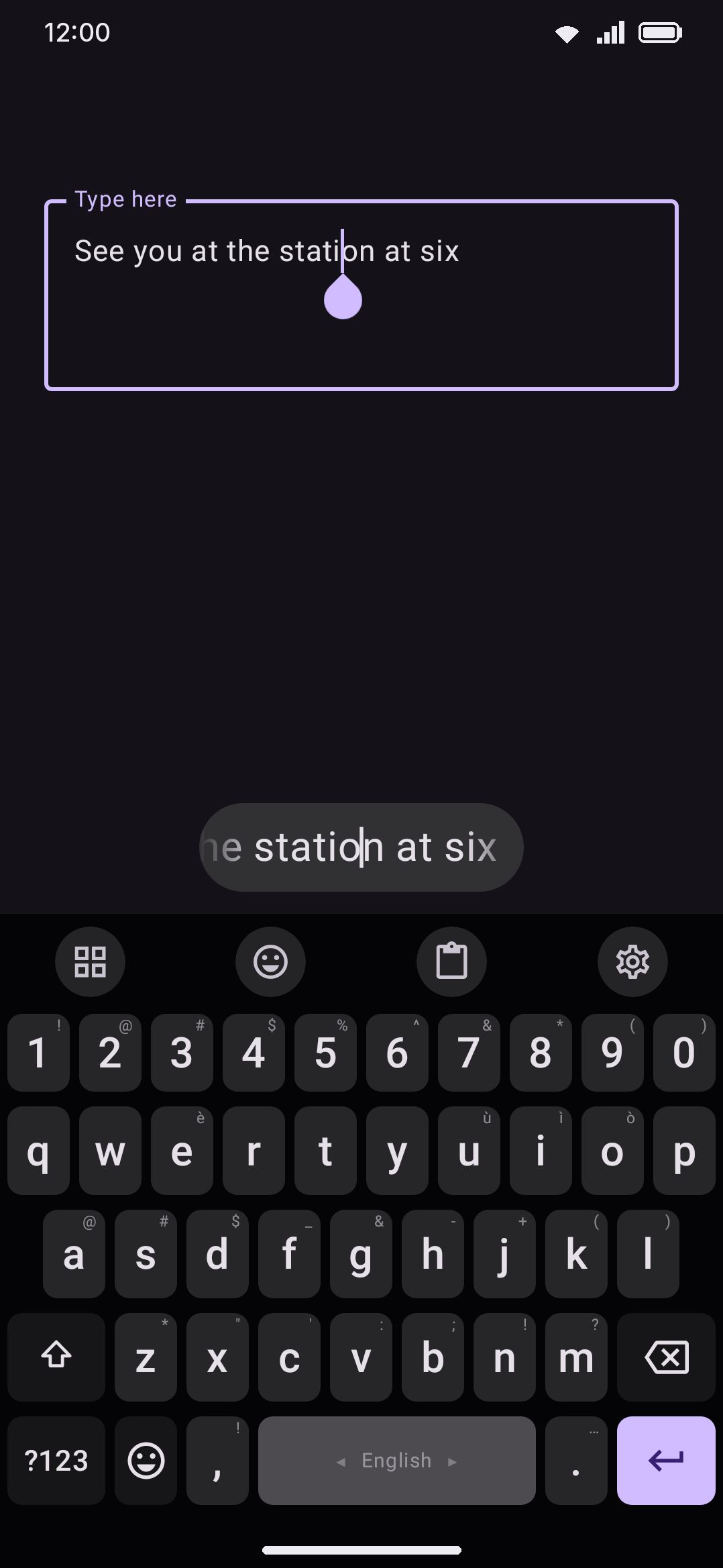 Dragging the spacebar moves the text cursor a character at a time.