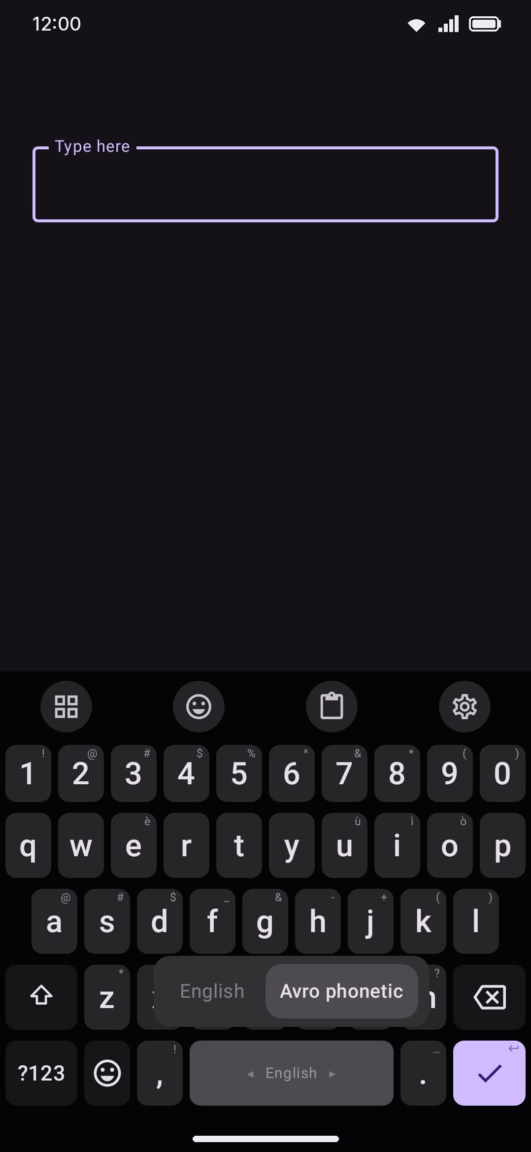 Mid-swipe: the language preview shows every enabled layout, current selection highlighted.