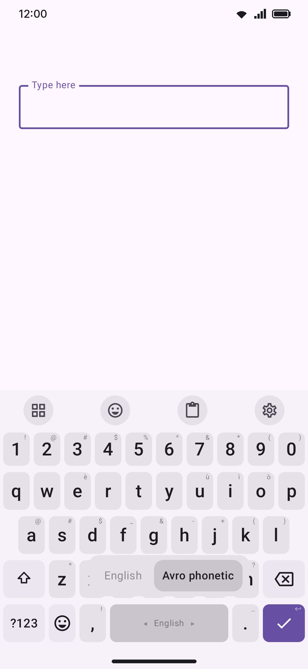 Mid-swipe: the language preview shows every enabled layout, current selection highlighted.