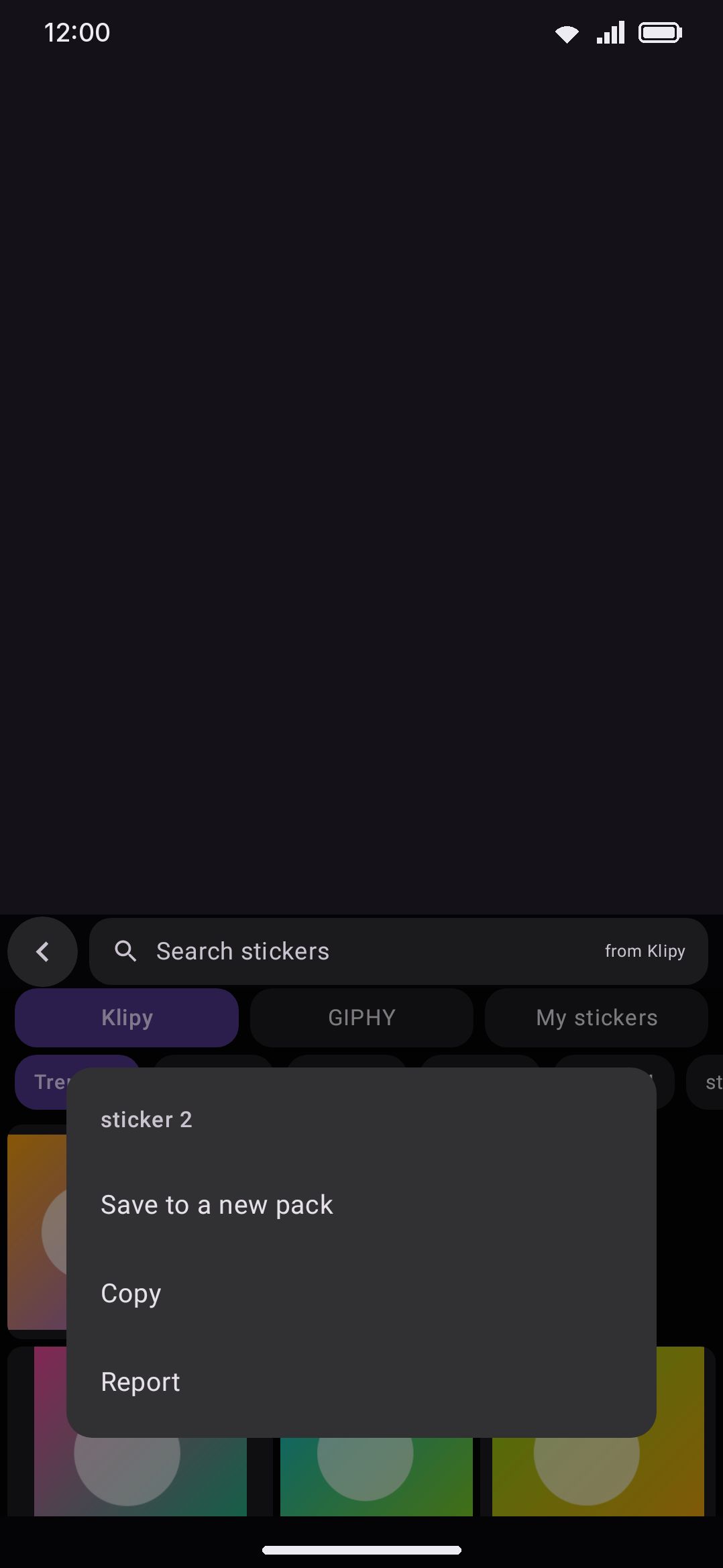 Long-press menu over a Klipy result: save to a pack, copy, or report.