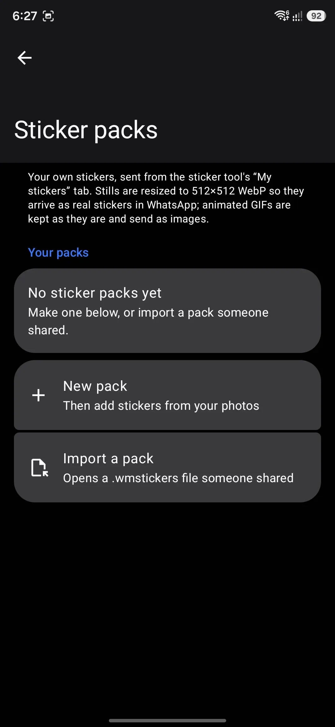 A sticker pack's management screen, with reorder and export controls.
