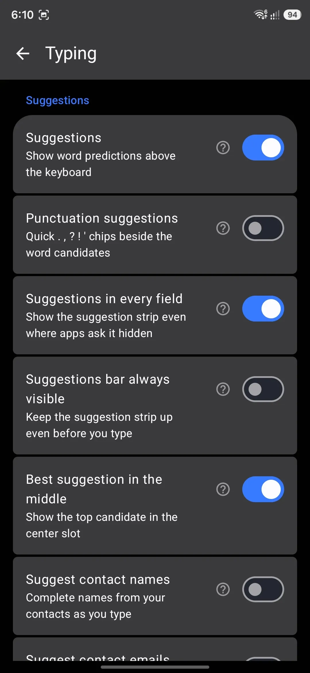 The Suggestions group on the Typing settings screen.