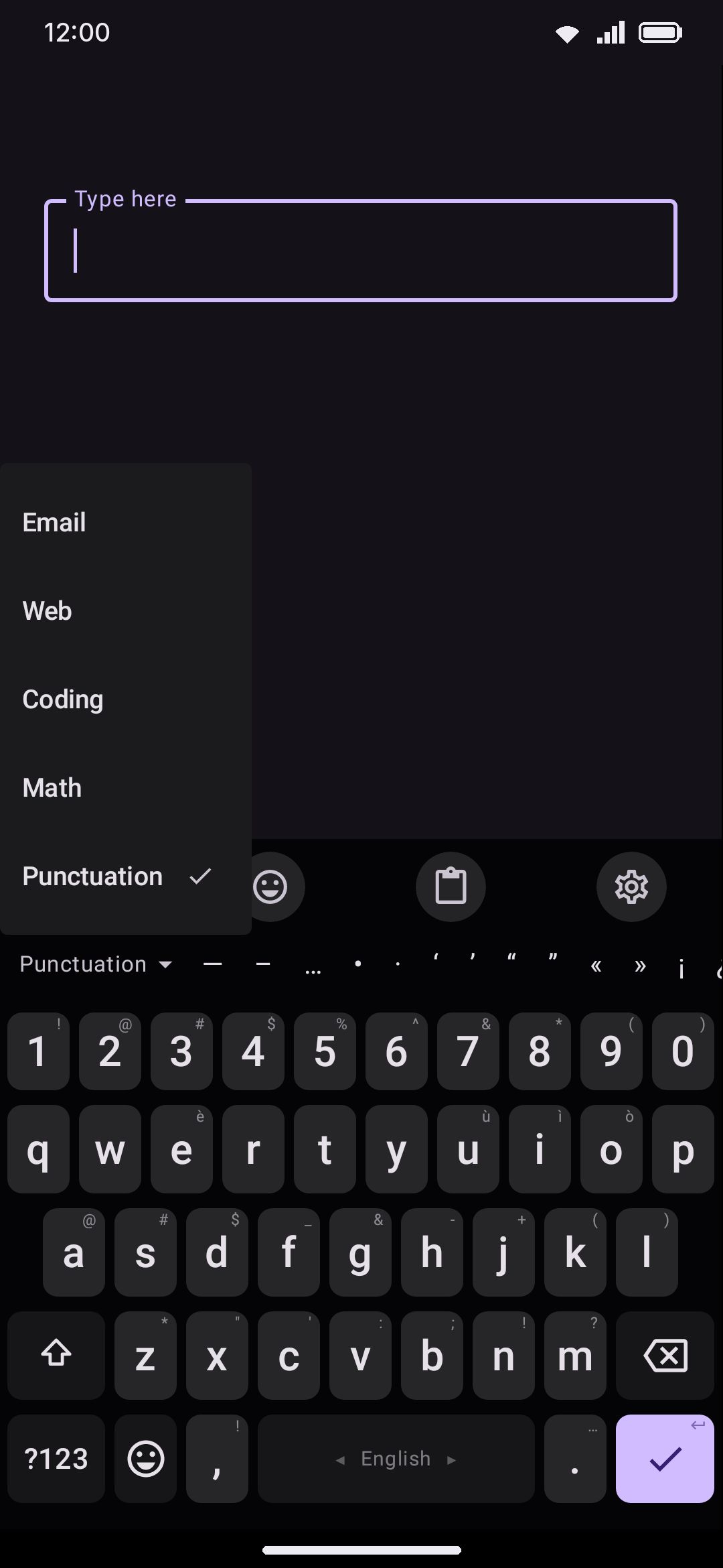 The symbol row above the key grid, with its set picker open.