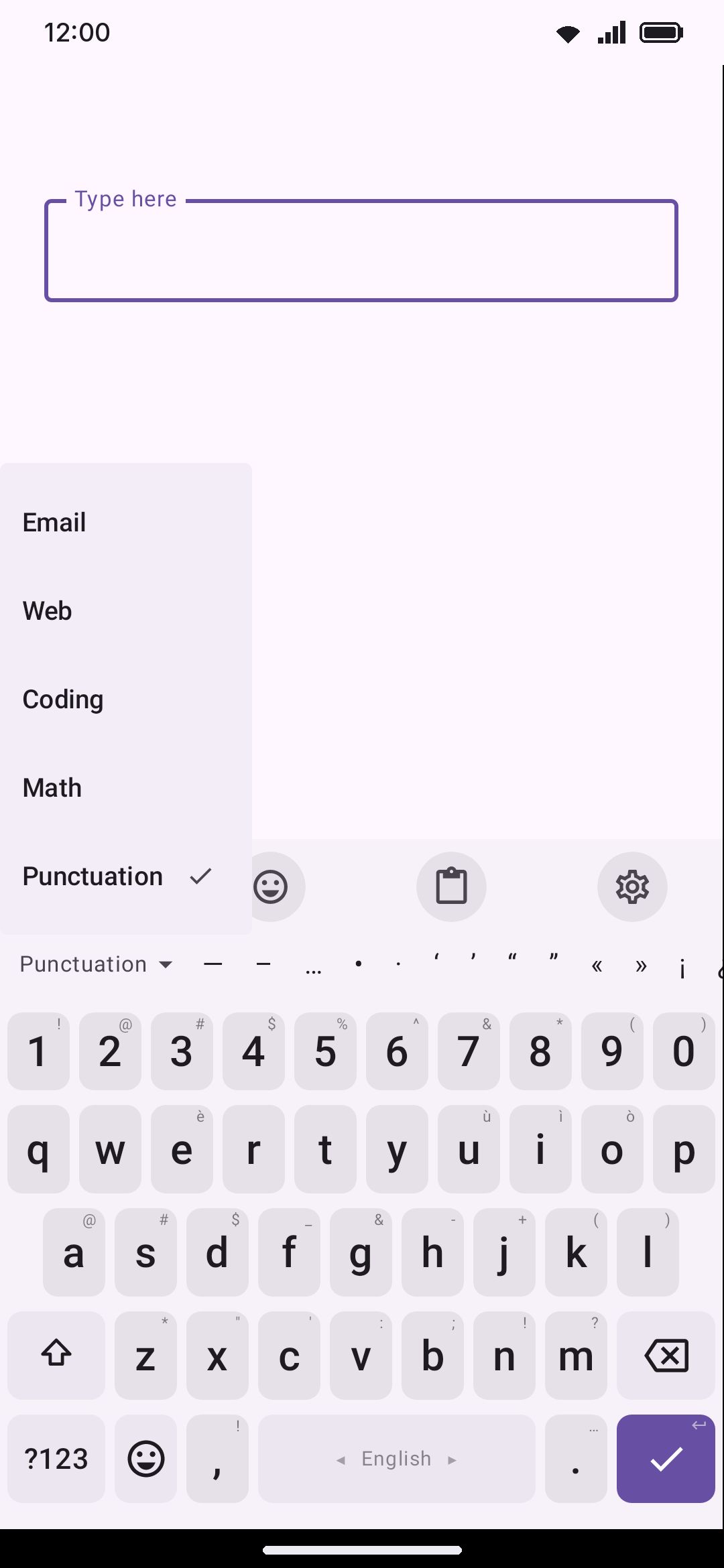 The symbol row above the key grid, with its set picker open.