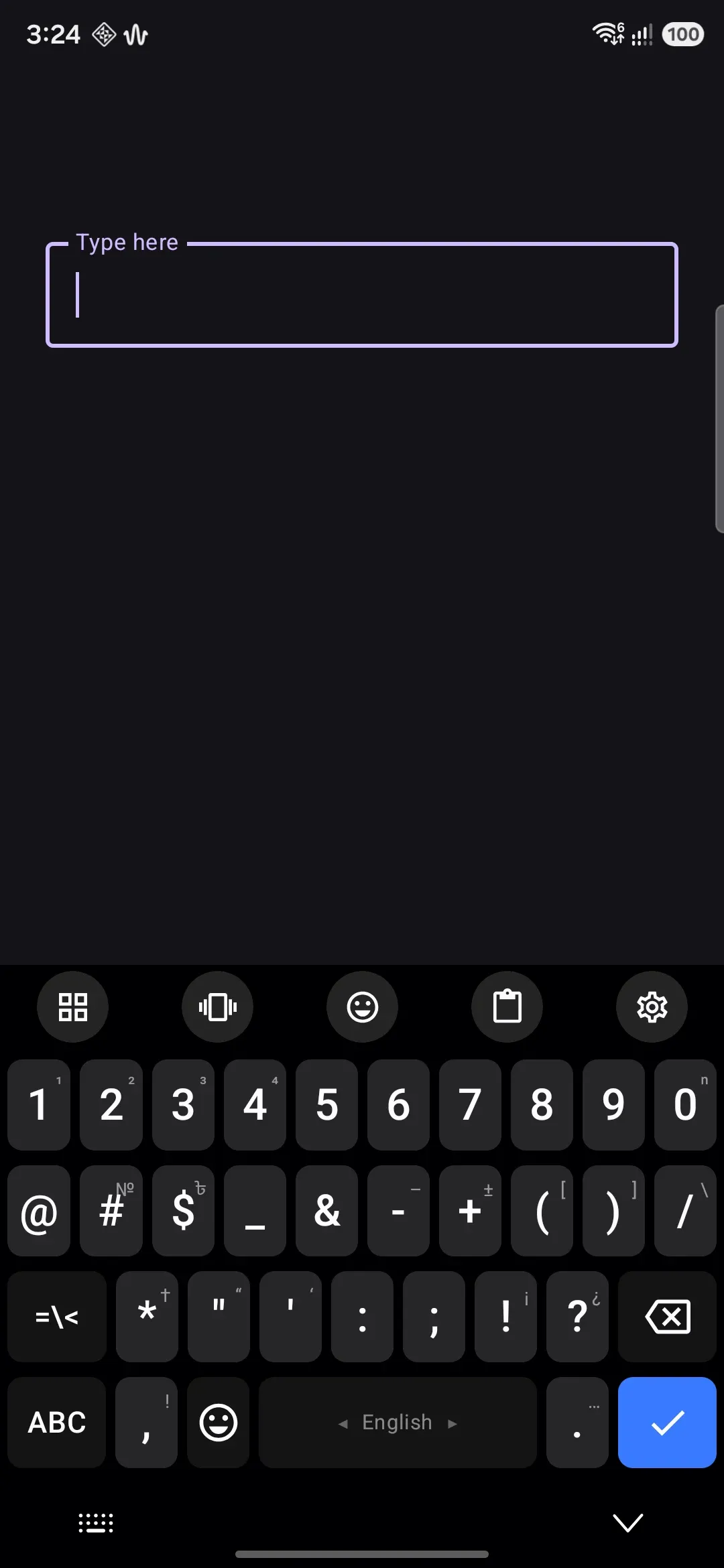 The symbol page open over a message field, with the second symbol page one tap away.